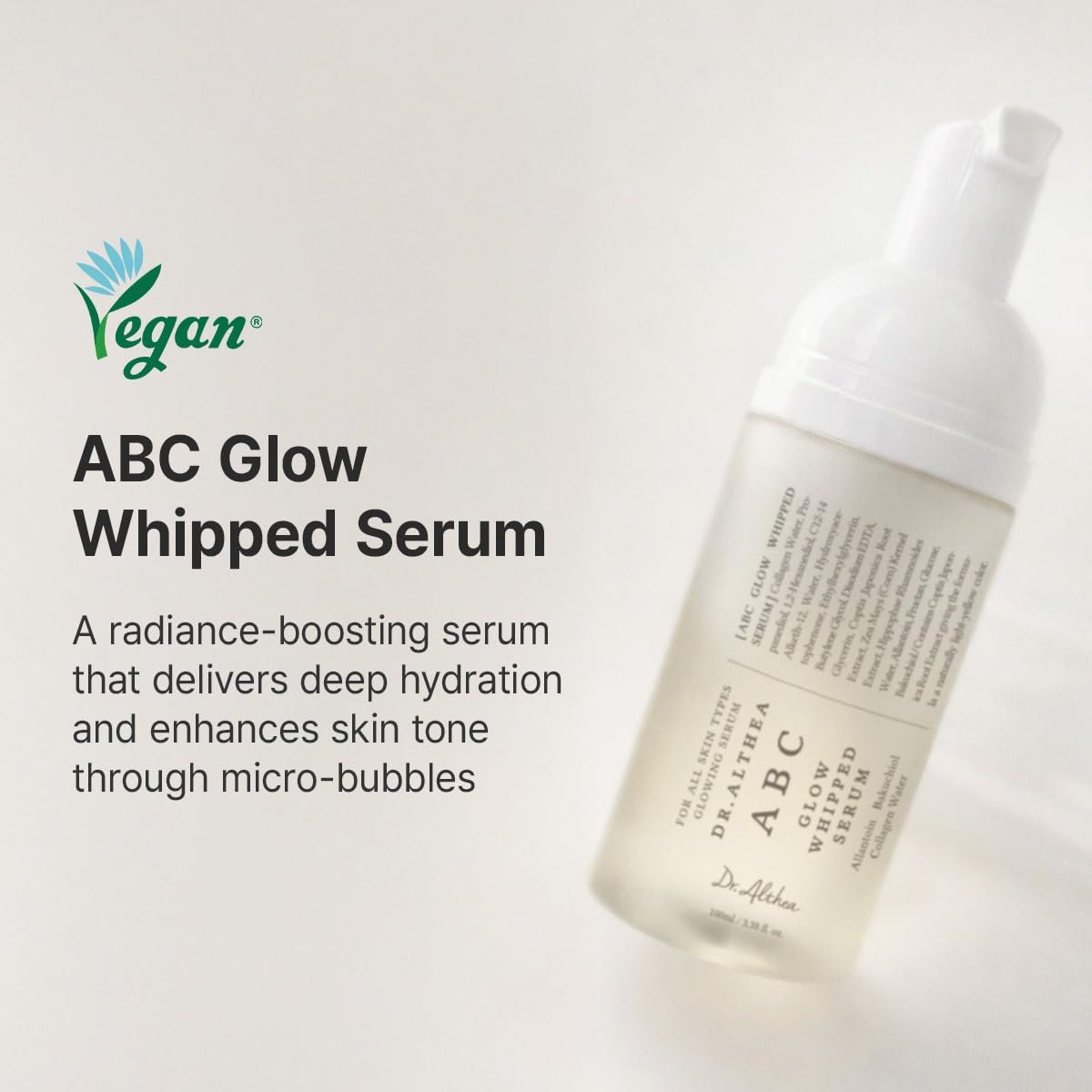 Dr.Althea ABC Glow Whipped Serum | Bubble Toner with Collagen & Vitamin Tea Wtater | Radiance-Boosting Toner for Instant Hydration & Makeup-Ready Finish | Vegan Korean Skincare, 3.38 Fl Oz