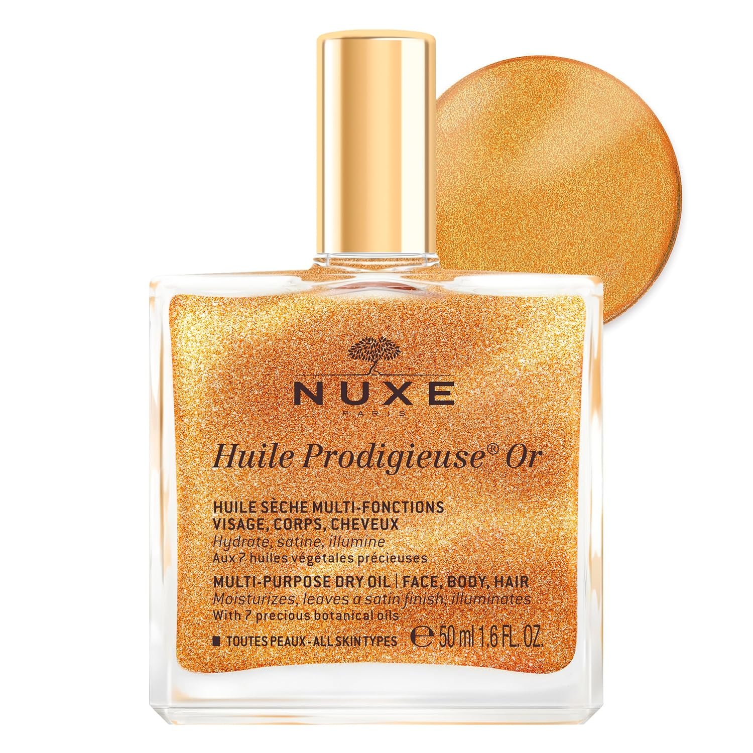 NUXE Huile Prodigieuse Shimmer Multi-Purpose Dry Oil – Luxurious Radiant Glow and Hydration for Face, Body & Hair 50ml