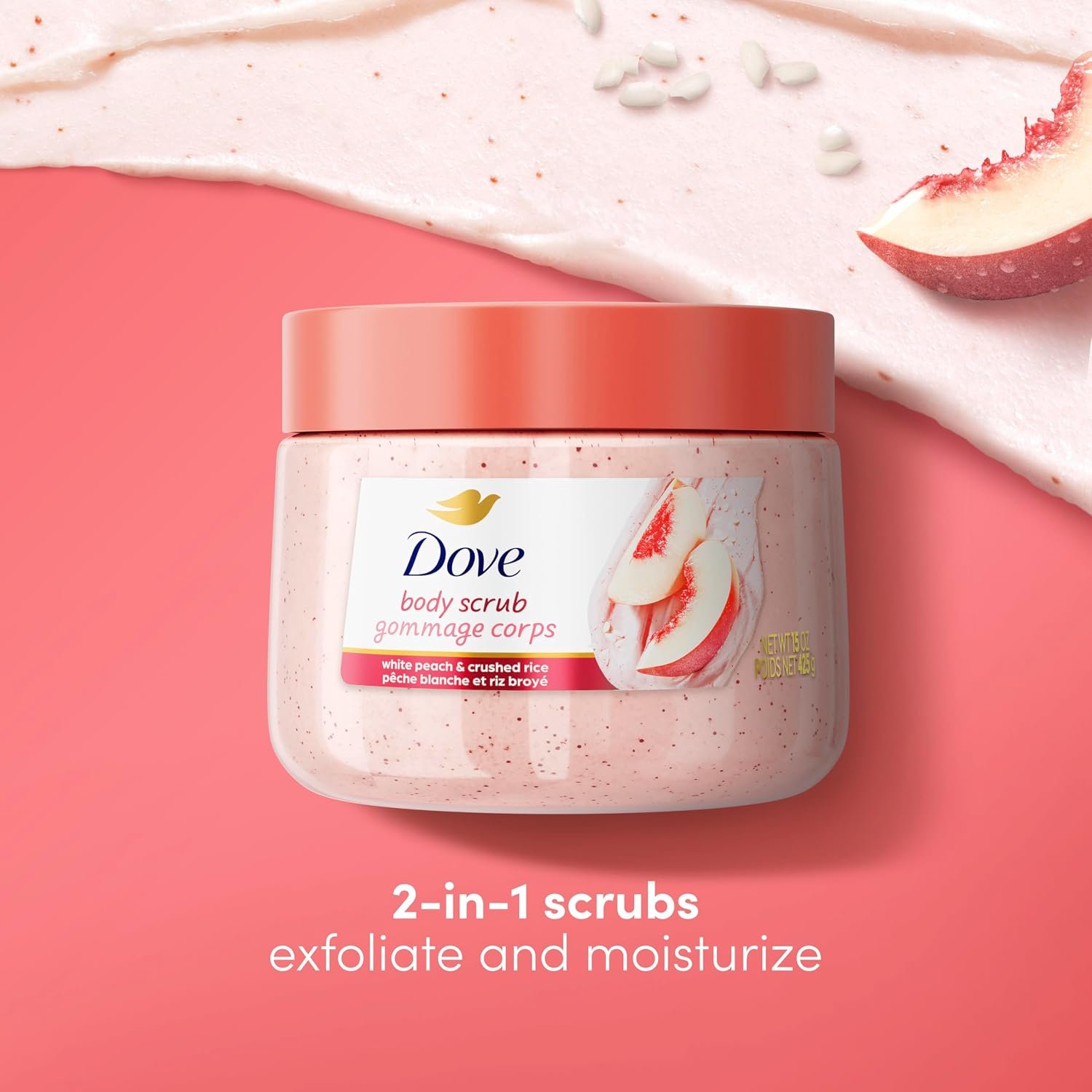 Dove White Peach & Crushed Rice Body Scrub Exfoliates and Deeply 15 oz