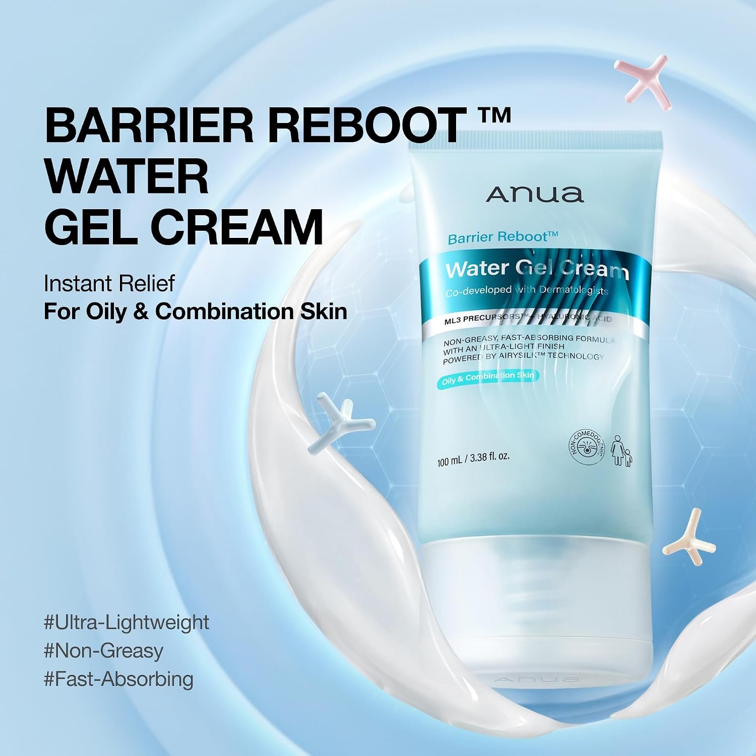 ANUA Barrier Reboot Water Gel Cream, 3.38 fl oz | Non-Greasy Gel Moisturizer with Ceramide and Hyaluronic Acid, Instant Barrier Relief, Dermatologist Tested Korean Skincare
