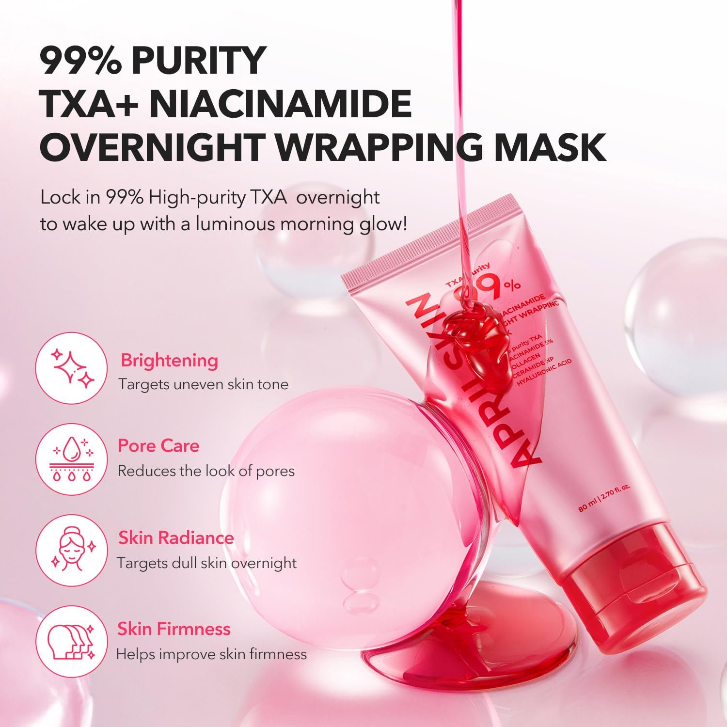 APRILSKIN TXA Niacinamide 99 Overnight Wrapping Mask | 99% High-Purity TXA+Niacinamide for Uneven Skin Tone | Overnight Skin Booster for Toning Care, Firming & Pore Care | 80ml,