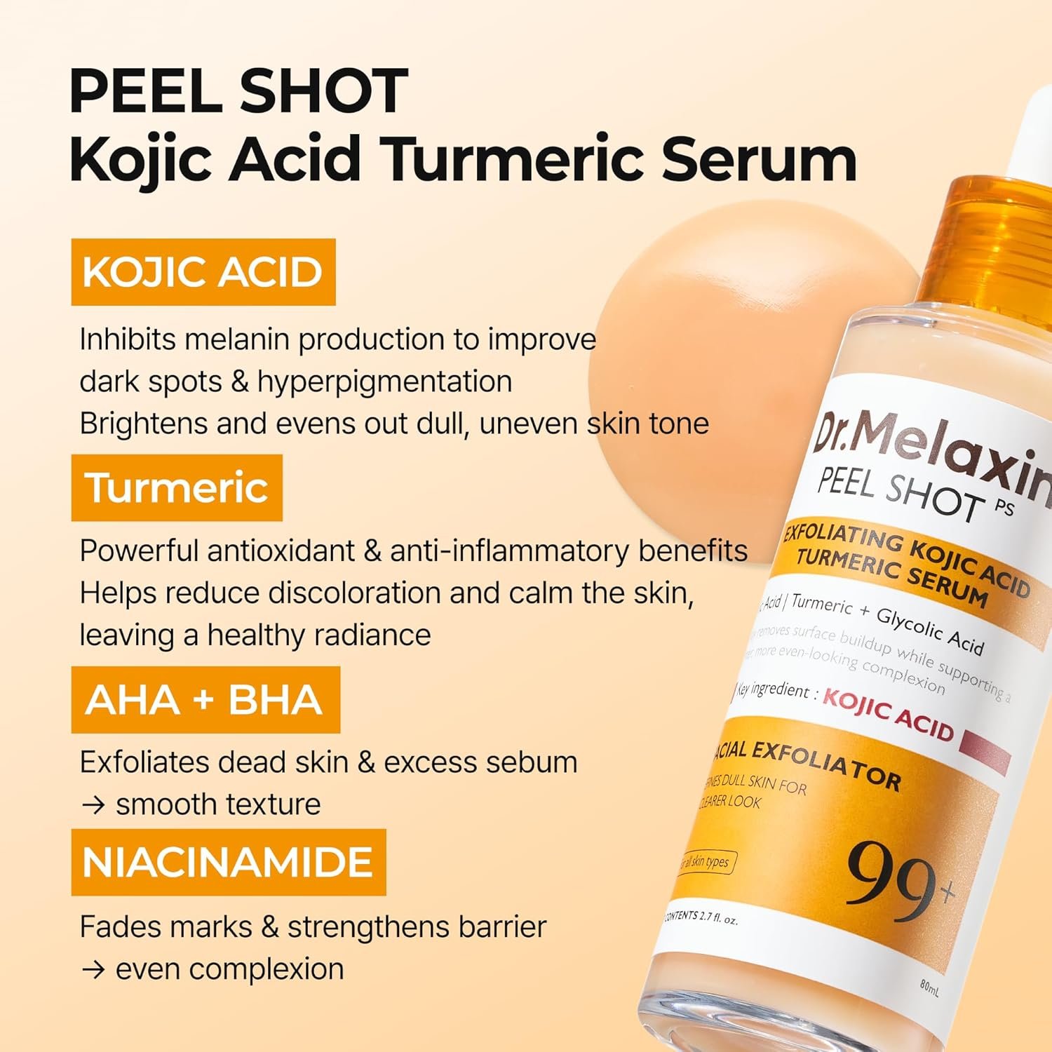 Dr.Melaxin Peel Shot Kojic Acid Turmeric Serum – Exfoliating Dark Spot Corrector with AHA/BHA & Niacinamide, Brightening & Even Tone Facial Serum (80ml / 2.70 fl oz)