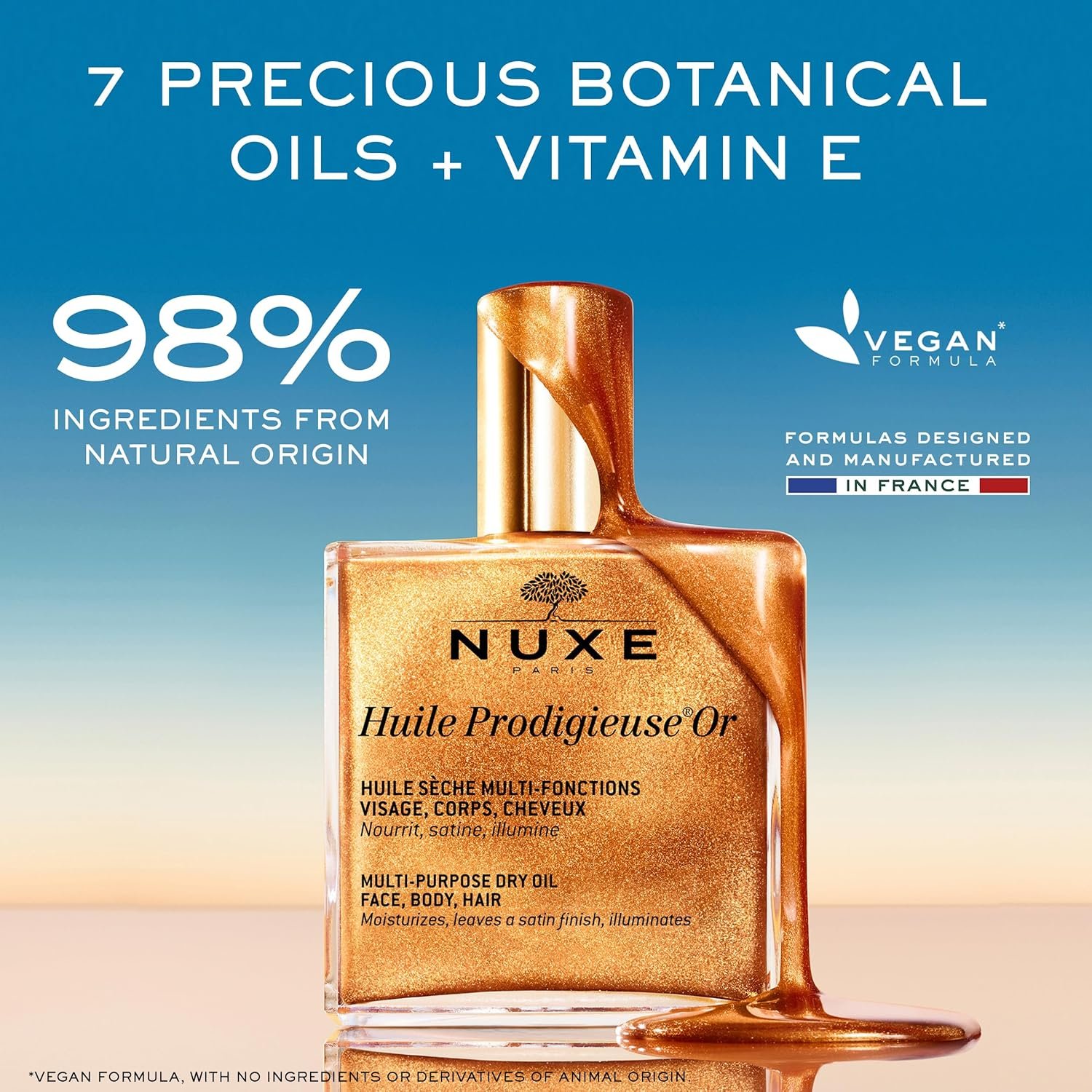 NUXE Huile Prodigieuse Shimmer Multi-Purpose Dry Oil – Luxurious Radiant Glow and Hydration for Face, Body & Hair 50ml