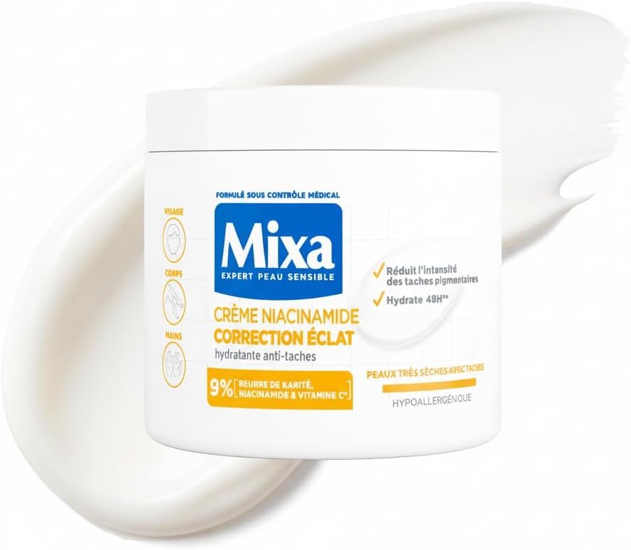 Mixa – Niacinamide Radiance Correction Cream – Anti-Stain Moisturizing Cream with Shea Butter, Niacinamide and Vitamin C – Suitable for Face, Body and Hands – Hypoallergenic – 400 ml