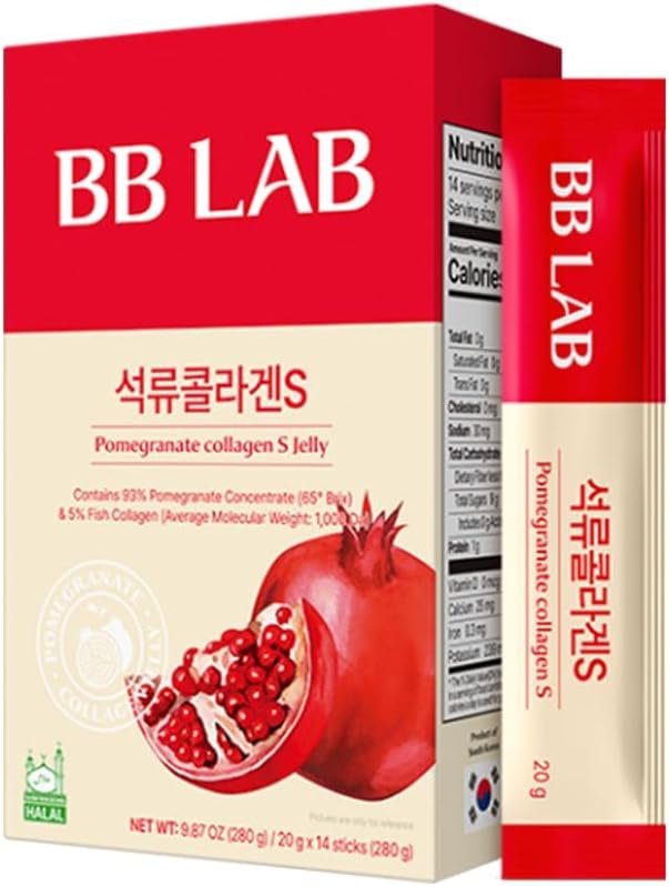 BB LAB Pomegranate Collagen S Jelly Halal, Pomegranate Collagen Sticks – Vitamin A & E for Skin Glow, Hair & Nails – Korean Beauty Jelly – 20g of 14 Sticks
