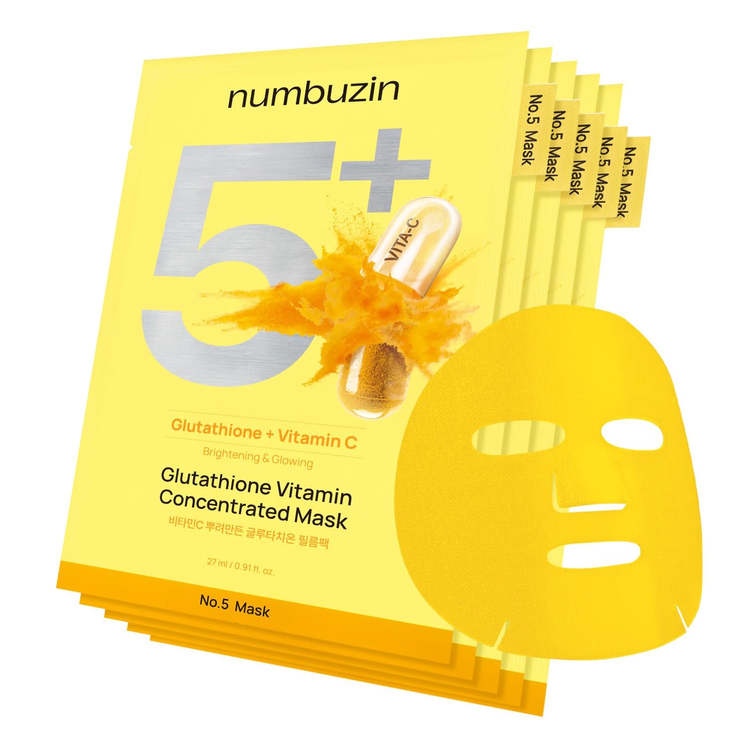 numbuzin No.5 Sheet Mask | Vitamin Spotlight Sheet Mask | Glutathione and Vitamin C | Reduces Hyperpigmentation, Improves Skin Complexion | Gentle and non-irritating |  1 pc