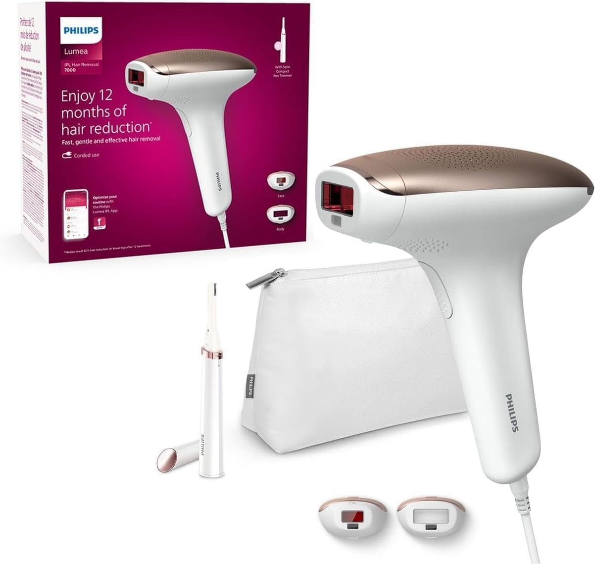 Philips Lumea Épilateur à lumière pulsée Série 7000 – épilateur avec tondeuse-stylo Satin Compact, 2 embouts pour le corps et le visage, utilisation filaire (modèle BRI921/00)