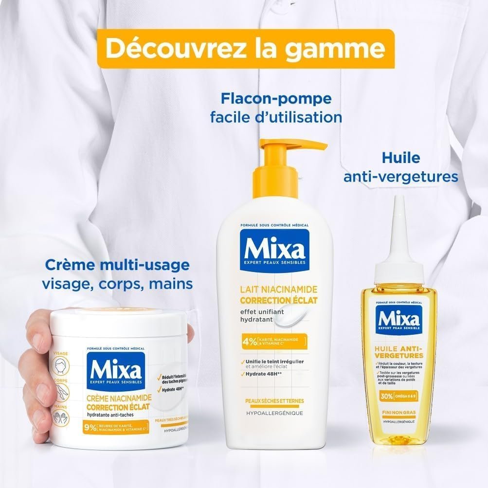 Mixa – Niacinamide Radiance Correction Cream – Anti-Stain Moisturizing Cream with Shea Butter, Niacinamide and Vitamin C – Suitable for Face, Body and Hands – Hypoallergenic – 400 ml