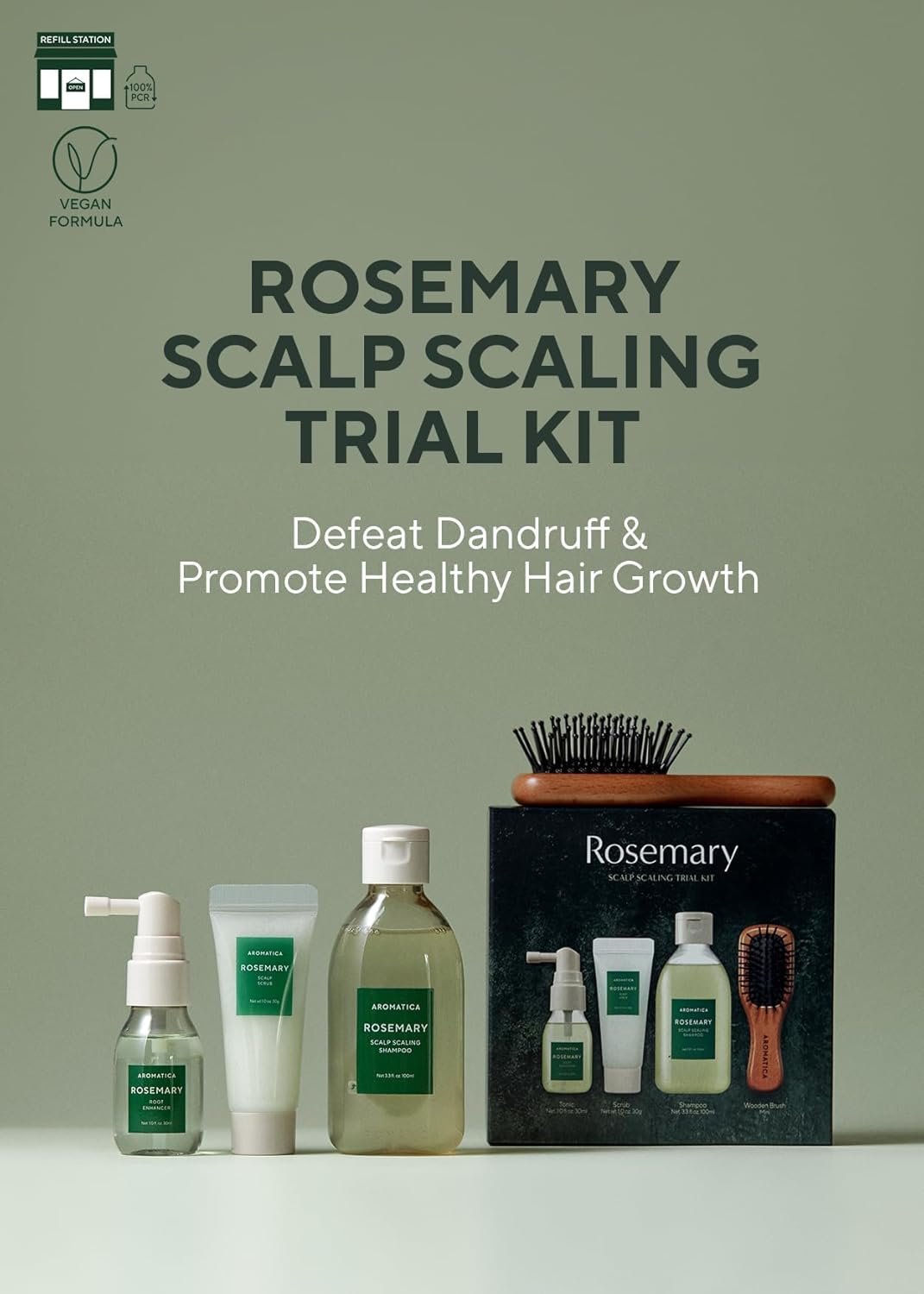 AROMATICA Rosemary Scalp Scaling Trial Kit – Travel Size Korean Hair Care Kit for Women with Mini Wooden Brush, Gentle Exfoliating Scalp Care for Hair Growth Product, with Rosemary Oil & Vegan Formula