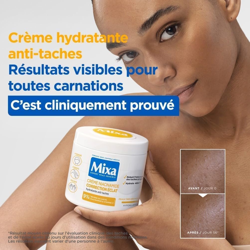 Mixa – Niacinamide Radiance Correction Cream – Anti-Stain Moisturizing Cream with Shea Butter, Niacinamide and Vitamin C – Suitable for Face, Body and Hands – Hypoallergenic – 400 ml