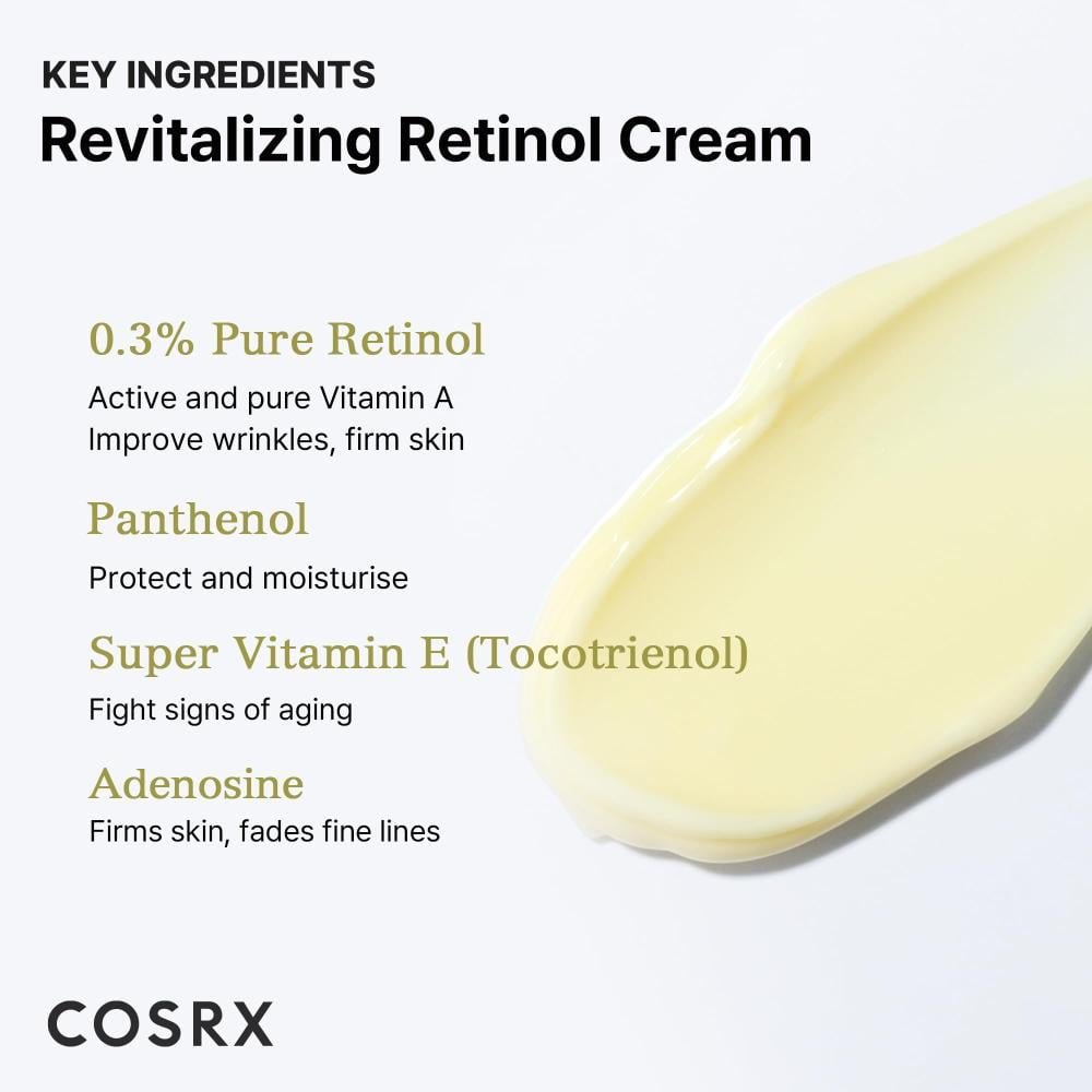 Cosrx The Retinol 0.3 Cream, super vitamin E + panthenol, 20ml كوسركس ريتنول كريم ليلي مضاد للشيخوخة والخطوط الدقيقة 20ml