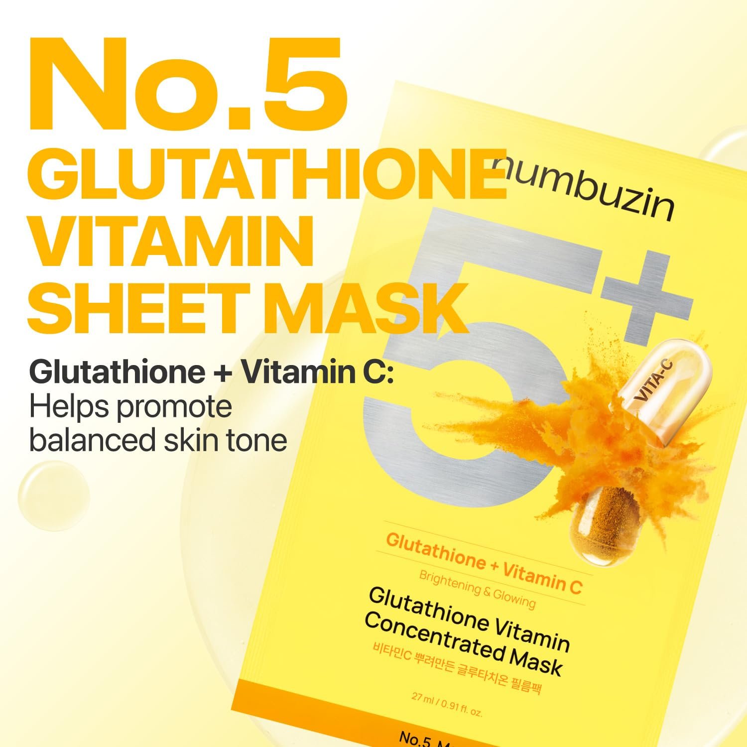 numbuzin No.5 Sheet Mask | Vitamin Spotlight Sheet Mask | Glutathione and Vitamin C | Reduces Hyperpigmentation, Improves Skin Complexion | Gentle and non-irritating |  1 pc