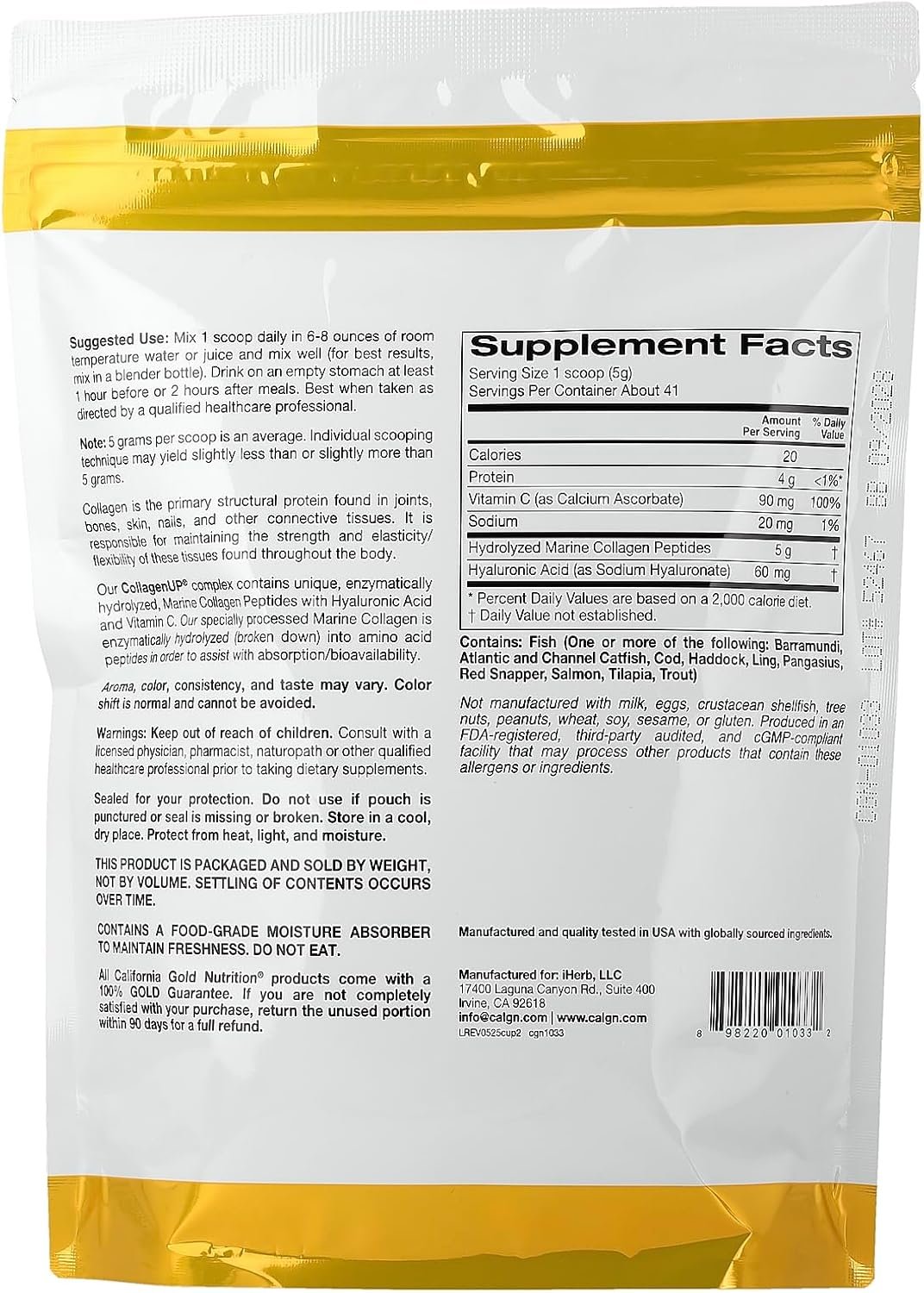 California Gold Nutrition, CollagenUP®, Hydrolyzed Marine Collagen Peptides with Hyaluronic Acid and Vitamin C, Unflavored, 7.26 oz (206 g)