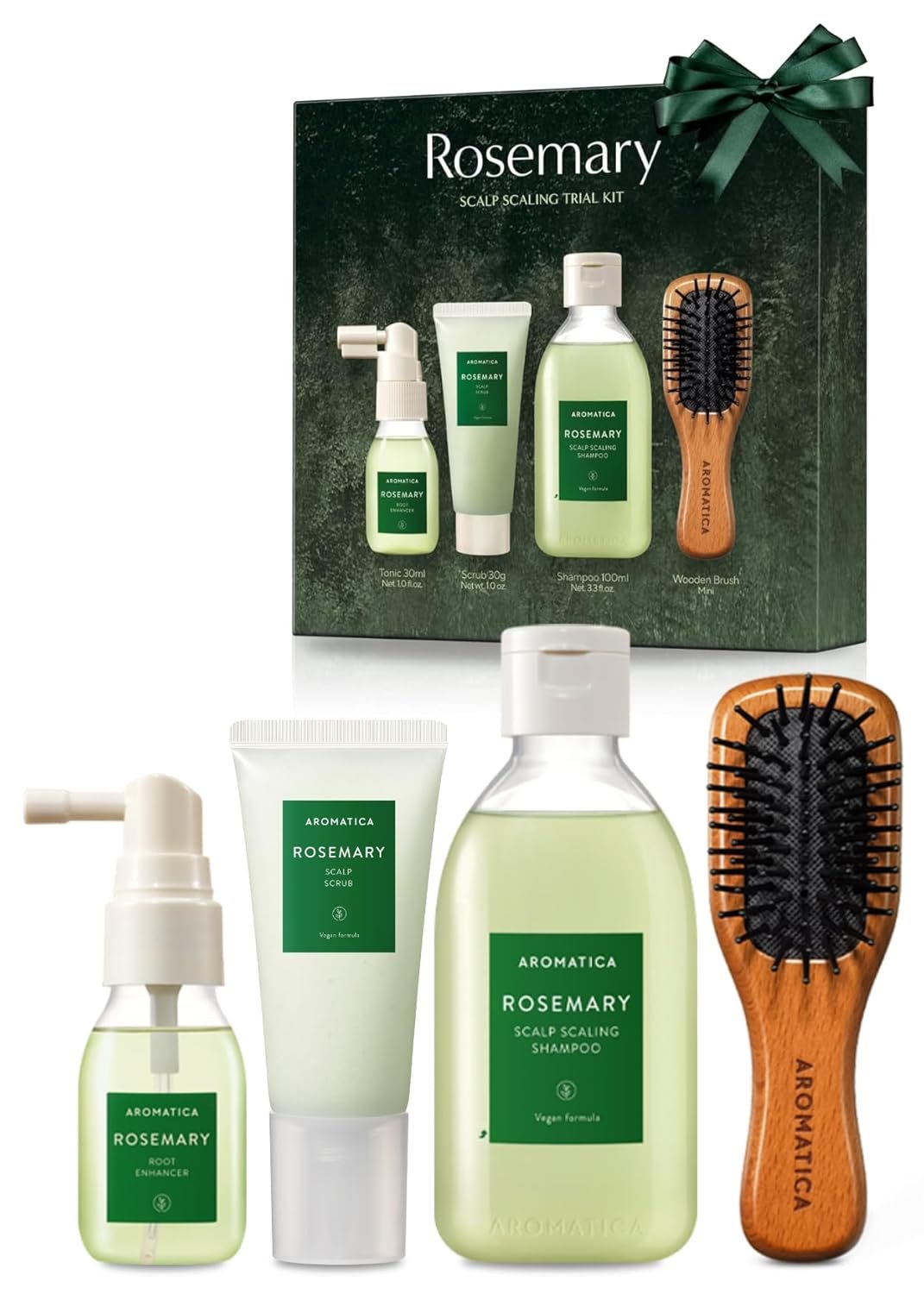 AROMATICA Rosemary Scalp Scaling Trial Kit – Travel Size Korean Hair Care Kit for Women with Mini Wooden Brush, Gentle Exfoliating Scalp Care for Hair Growth Product, with Rosemary Oil & Vegan Formula