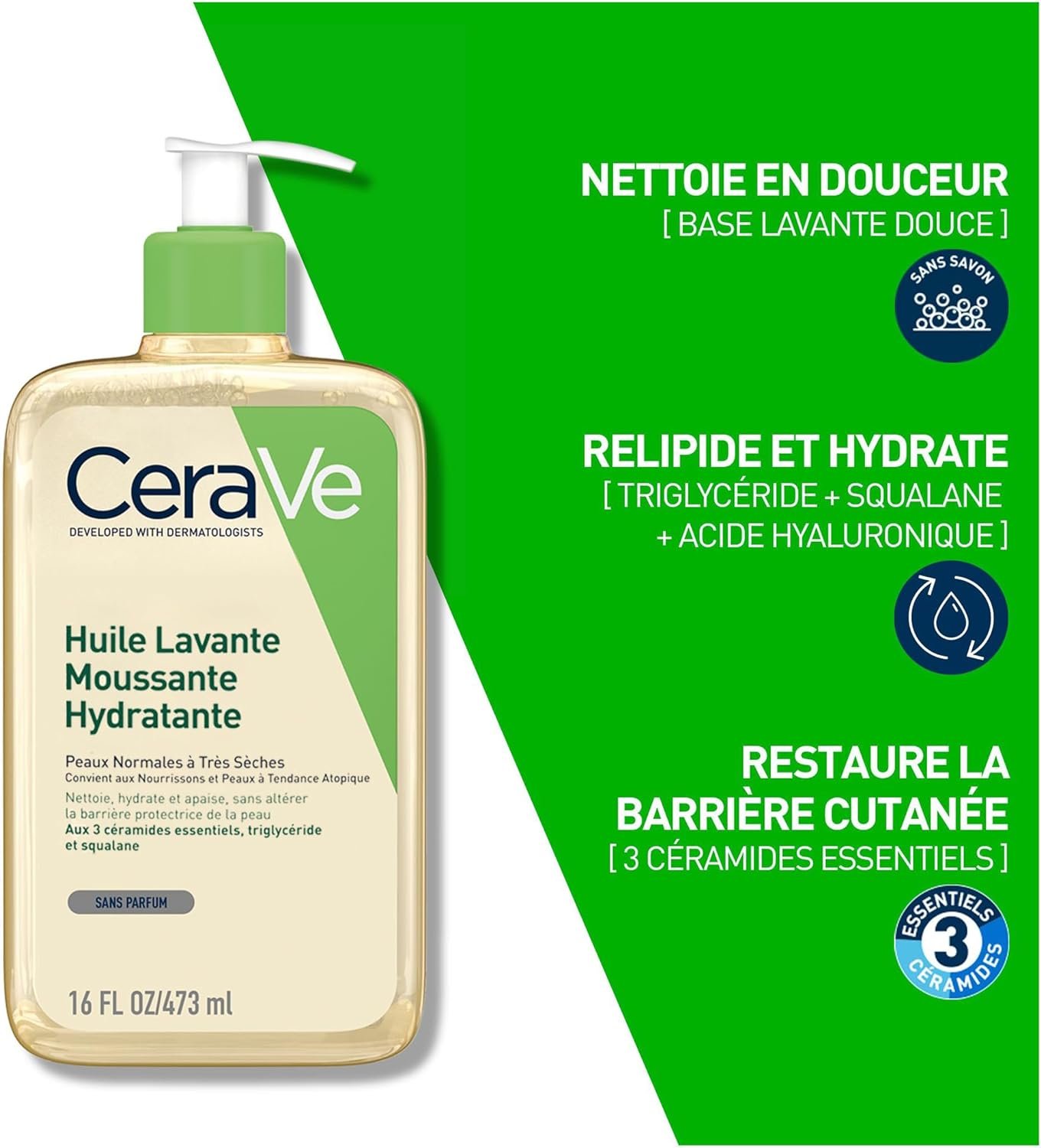 CeraVe Huile de Douche Lavante à l’Acide Hyaluronique | 473ml |Pour Peaux Normales à Très Sèches, à Tendance Atopique سيرافي منظف زيت رغوي مرطب،