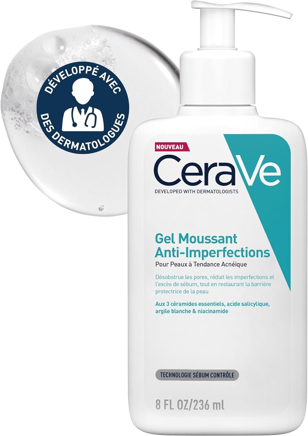 غسول الوجه لعلاج حب الشباب من سيرافي CeraVe Gel Moussant Anti-Imperfections – 236 ML – Nettoyant Visage Purifiant à l’Acide Salicylique – Réduit les boutons et les imperfections – Pour peaux à imperfections et à tendance acnéique