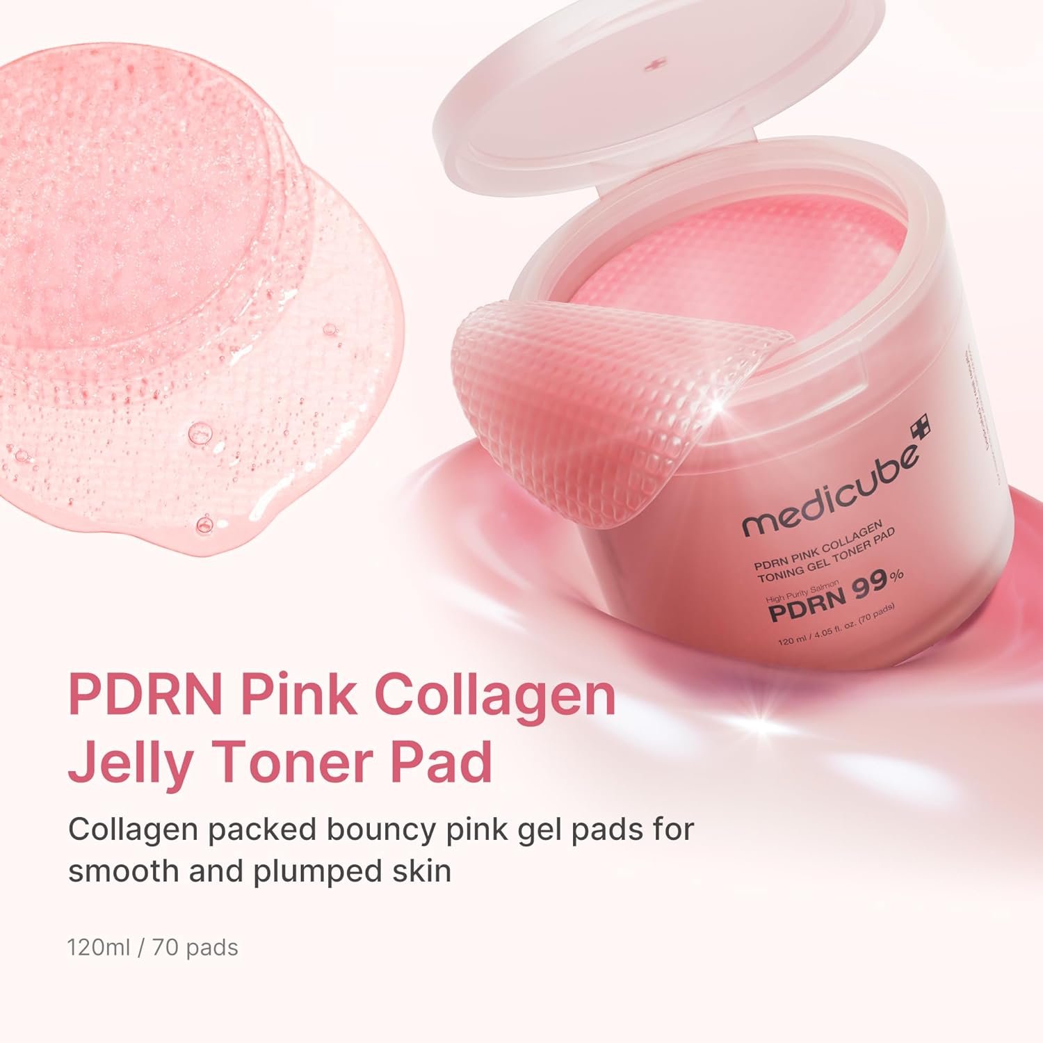 Medicube Toner Pads Salmon DNA PDRN Pink Collagen Jelly Pad | Korean Gel Toner Pad | Niacinamide, Madecassoside, Retinol | Soothing, Radiance, Uneven Skin Tone | Korean Skin Care | 70 Pads (1 Pack)