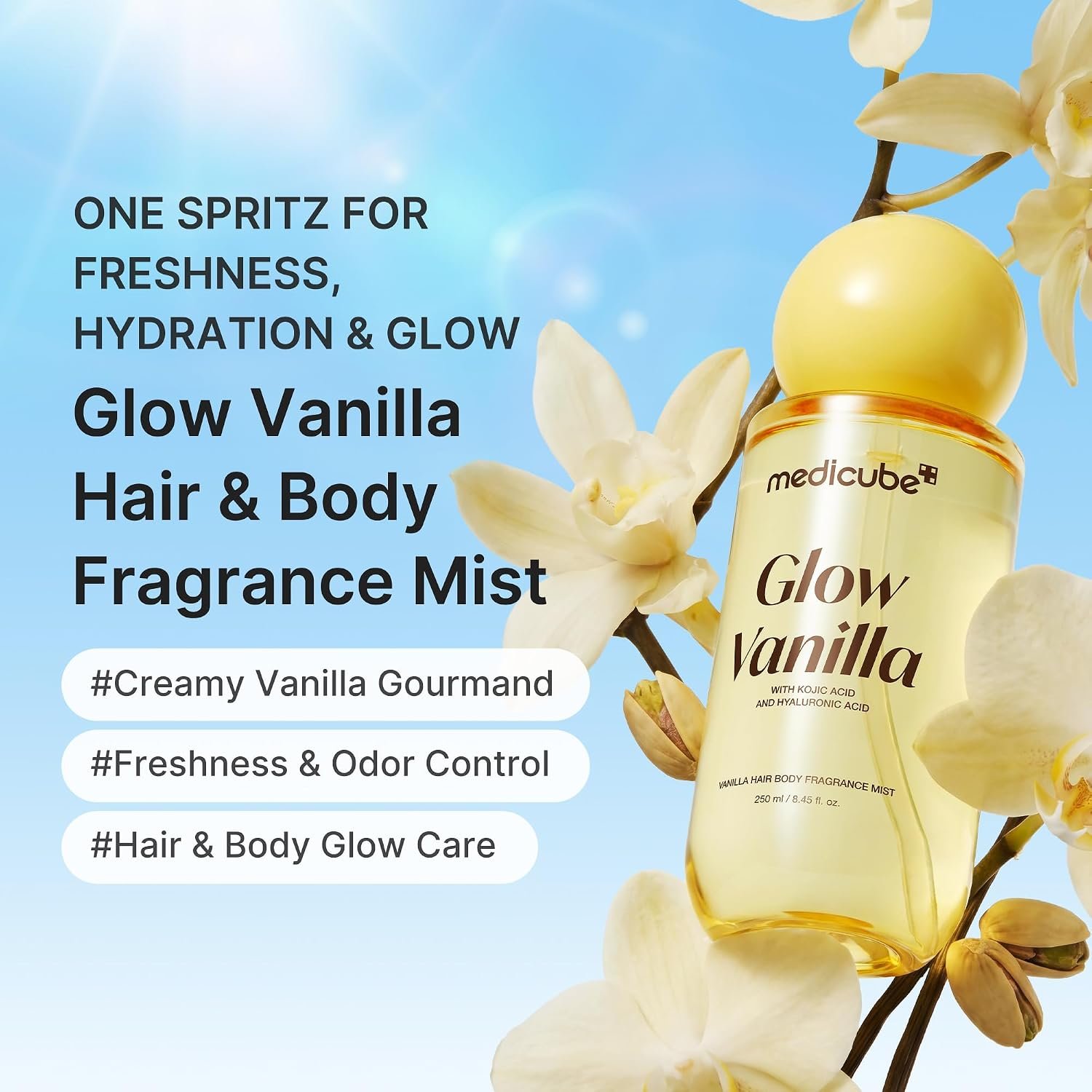 medicube Glow Vanilla Hair & Body Fragrance Mist | Sweet Creamy Vanilla Musk Perfume Mist with Niacinamide and Hyaluronic Acids | Freshness, Odor Care & Glow | Korean Body Care, 3.38 fl. oz.