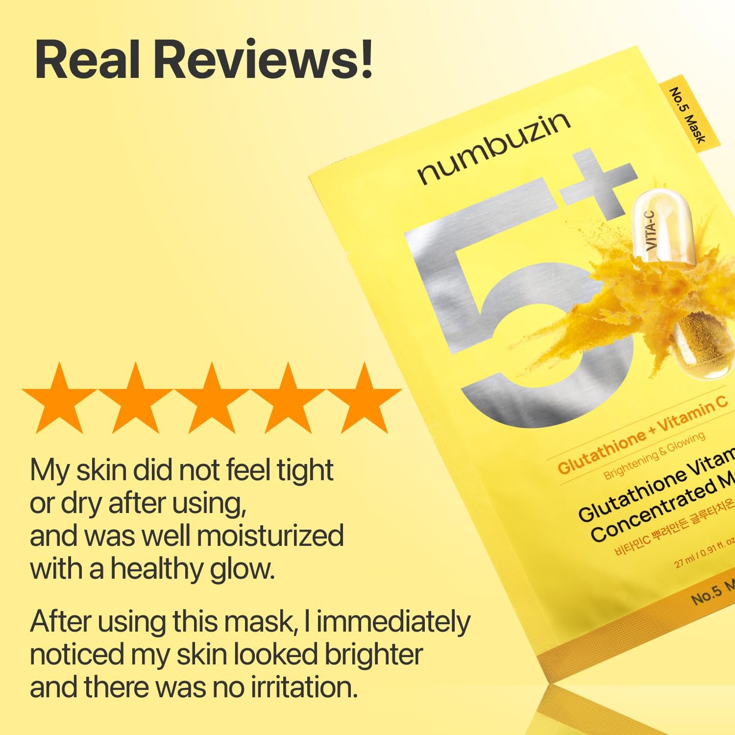 numbuzin No.5 Sheet Mask | Vitamin Spotlight Sheet Mask | Glutathione and Vitamin C | Reduces Hyperpigmentation, Improves Skin Complexion | Gentle and non-irritating |  1 pc
