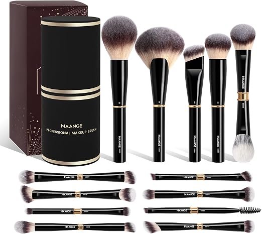 MAANGE Makeup Brushes – 13Pcs Makeup Brush Set for Foundation Powder Concealers Blush Eyeshadow, Double-End Multi-functional Face & Eye Make Up Brushes, Black