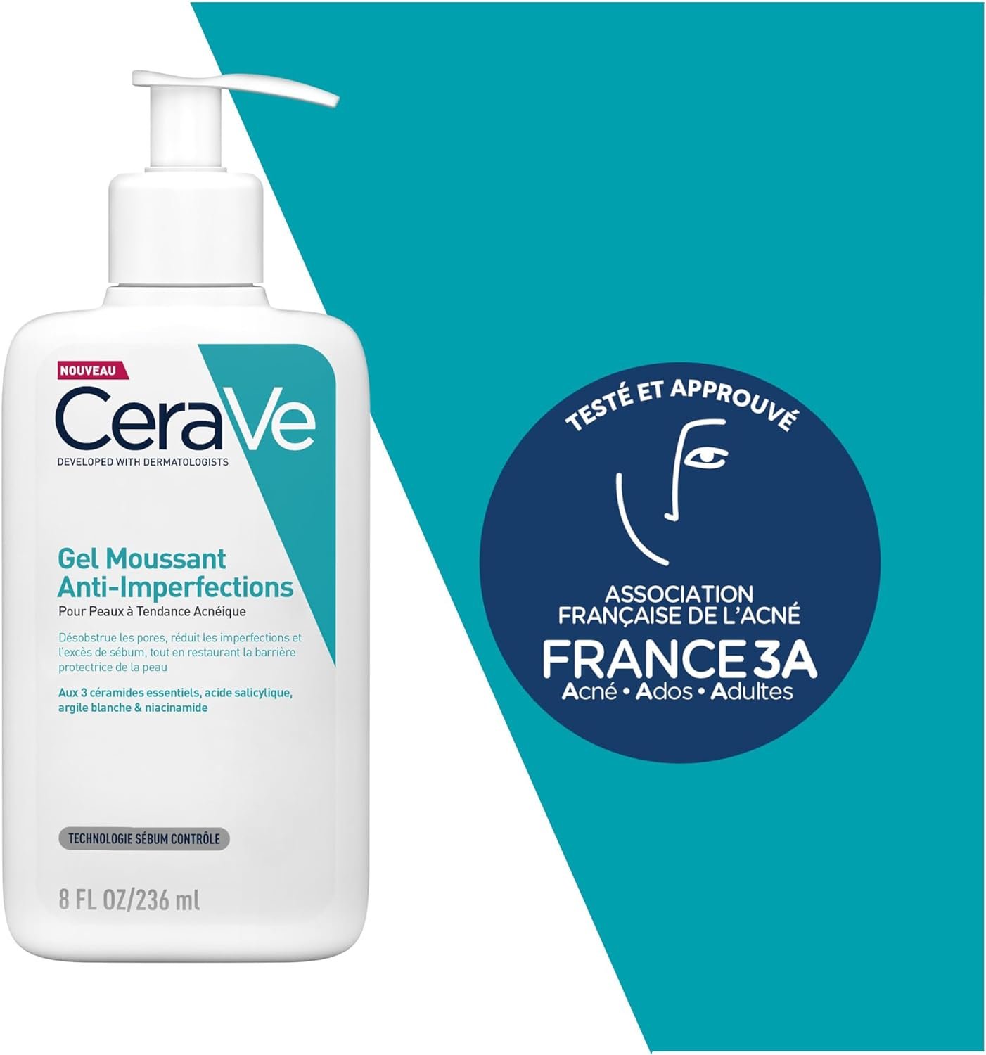 غسول الوجه لعلاج حب الشباب من سيرافي CeraVe Gel Moussant Anti-Imperfections – 236 ML – Nettoyant Visage Purifiant à l’Acide Salicylique – Réduit les boutons et les imperfections – Pour peaux à imperfections et à tendance acnéique