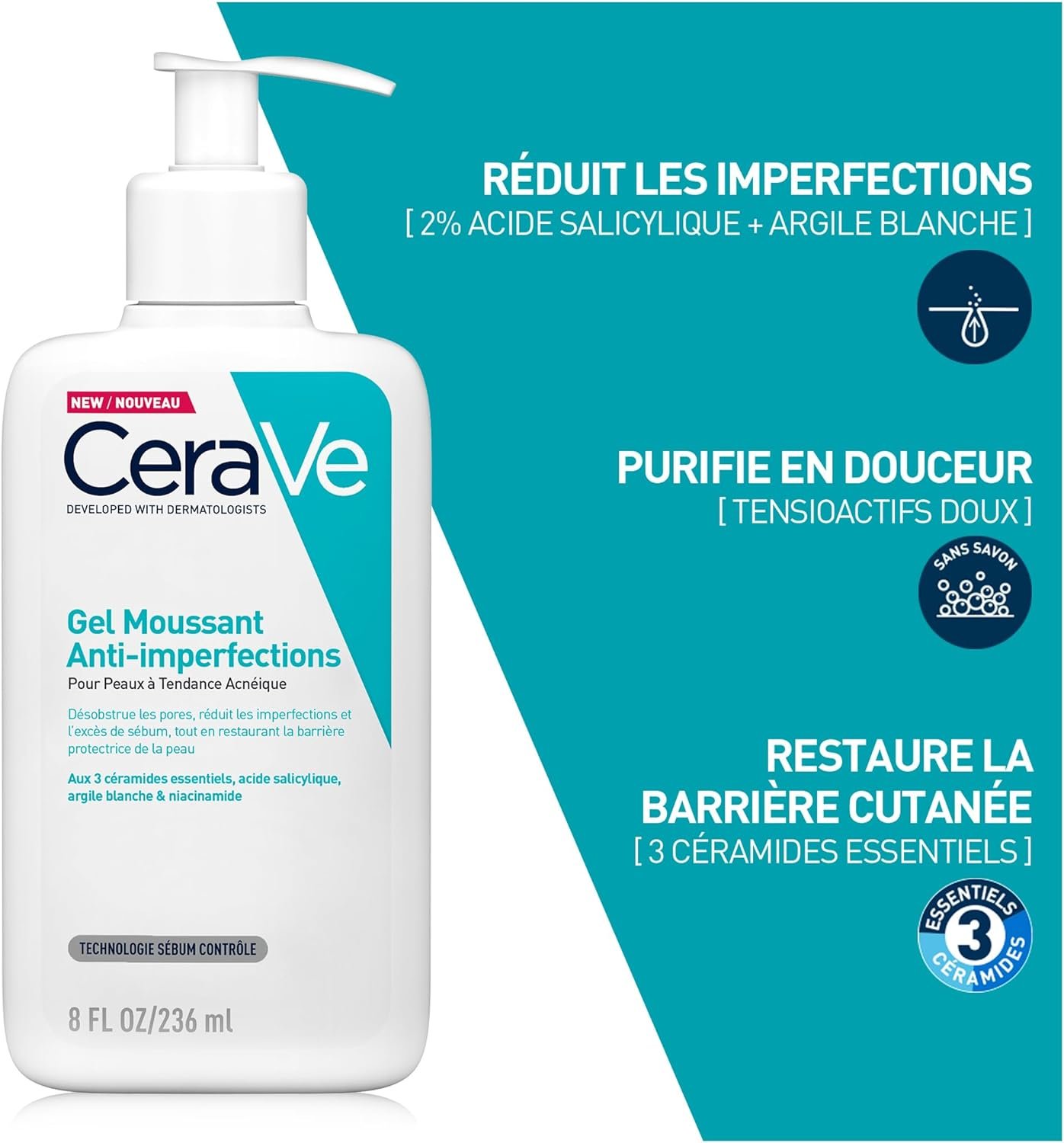 غسول الوجه لعلاج حب الشباب من سيرافي CeraVe Gel Moussant Anti-Imperfections – 236 ML – Nettoyant Visage Purifiant à l’Acide Salicylique – Réduit les boutons et les imperfections – Pour peaux à imperfections et à tendance acnéique
