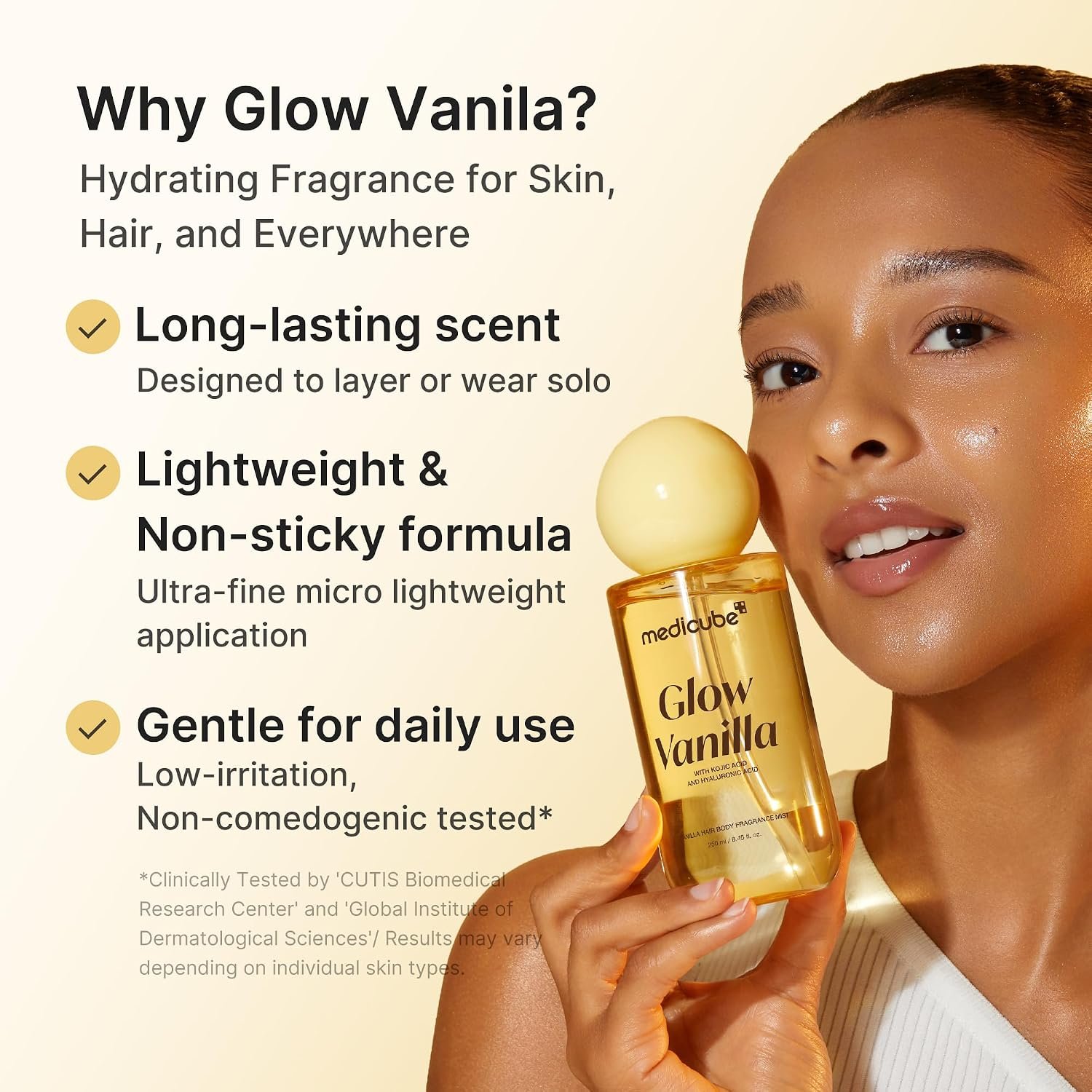 medicube Glow Vanilla Hair & Body Fragrance Mist | Sweet Creamy Vanilla Musk Perfume Mist with Niacinamide and Hyaluronic Acids | Freshness, Odor Care & Glow | Korean Body Care, 3.38 fl. oz.