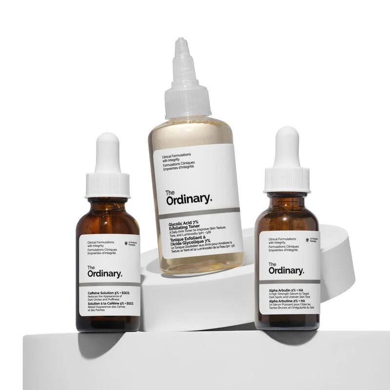 The Ordinary The Bright Set, 3-Step Regimen for Radiant, Even Skin Tone with Glycolic Acid 7% Exfoliating Toner, Alpha Arbutin 2% + HA, and Caffeine Solution 5% + EGCG | Skin Care Set
