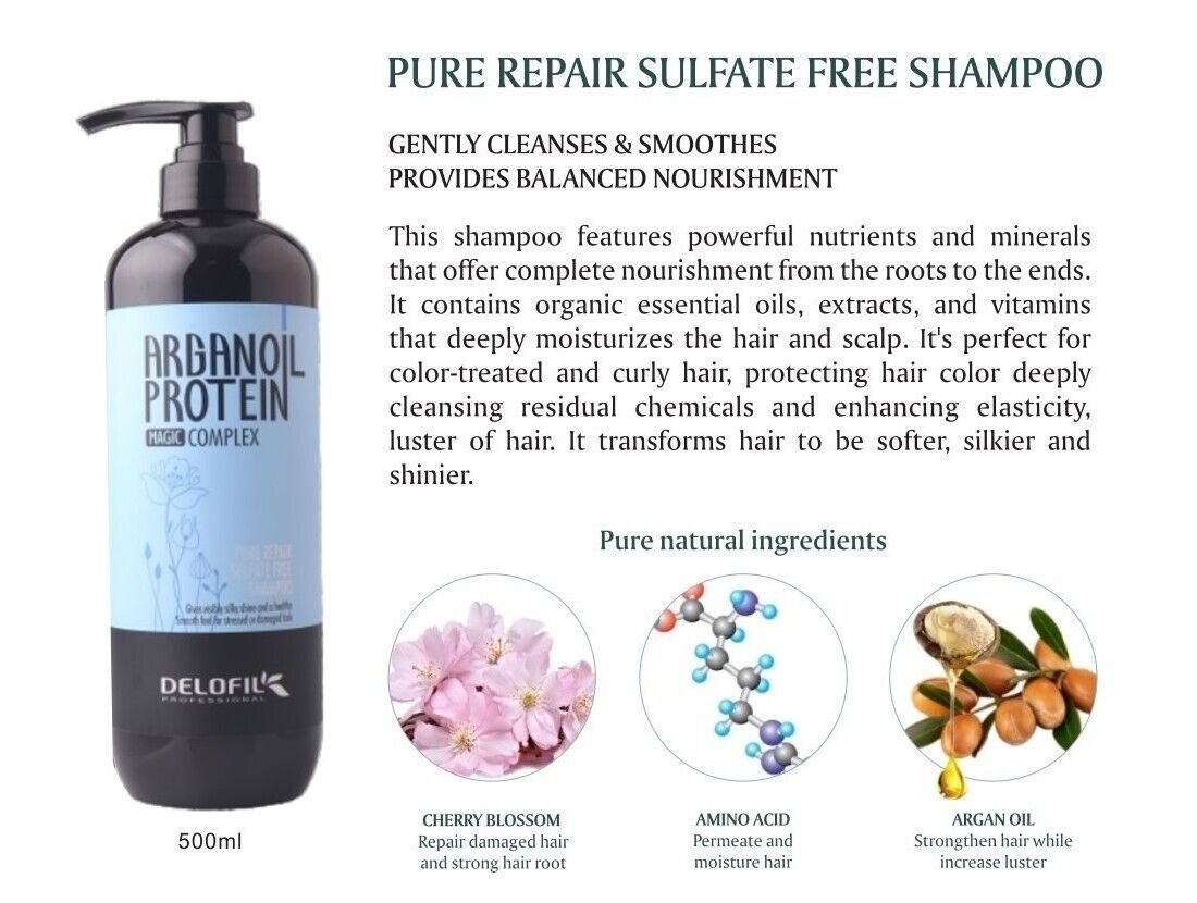 Delofil Argan Oil Protein Magic Complex pure repair Shampoo 500ml شامبو ديلوفيل أرجان أويل بروتين ماجيك كومبلكس لإصلاح الشعر بيور ريبير 500 مل