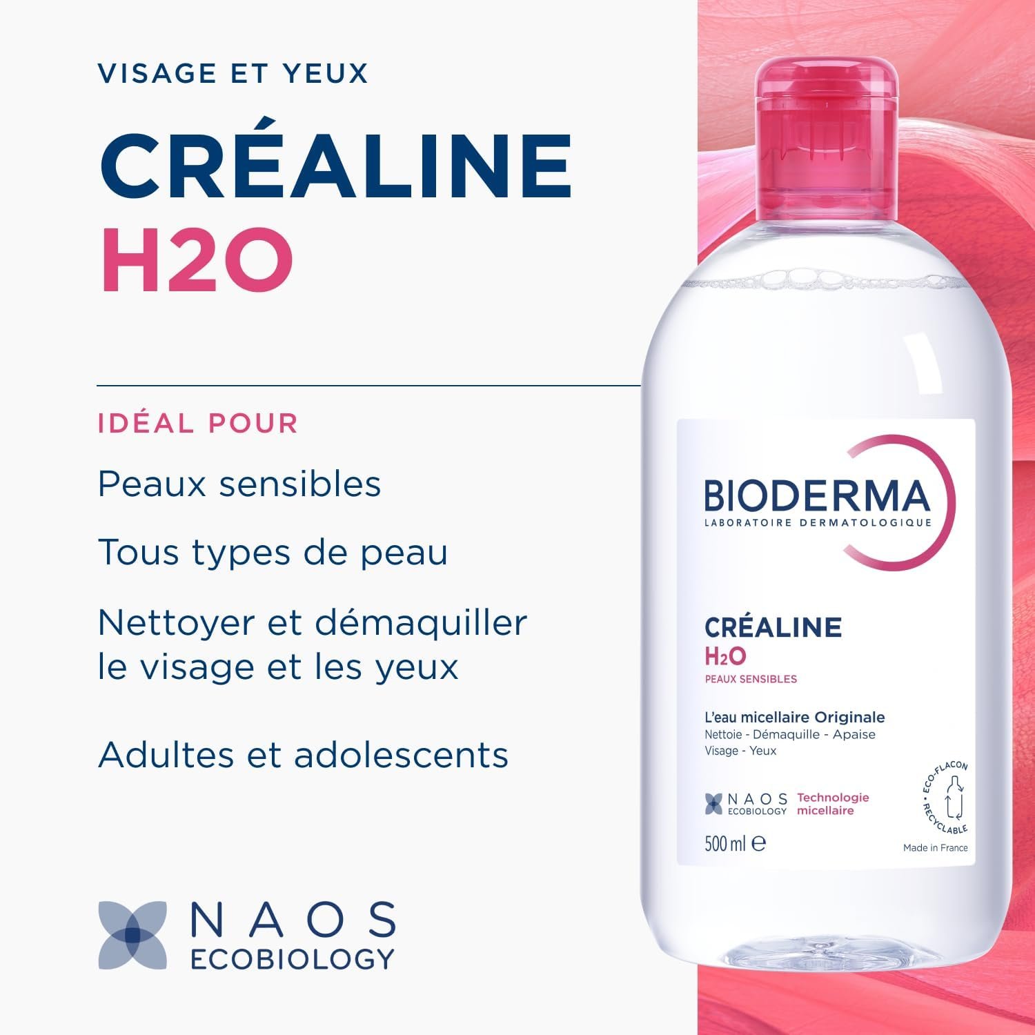 BIODERMA Créaline H2O – L’eau micellaire originale, nettoyante et démaquillante – Élimine le maquillage, le pollen et les résidus de pollution – Peaux sensibles – Flacon 500 ml