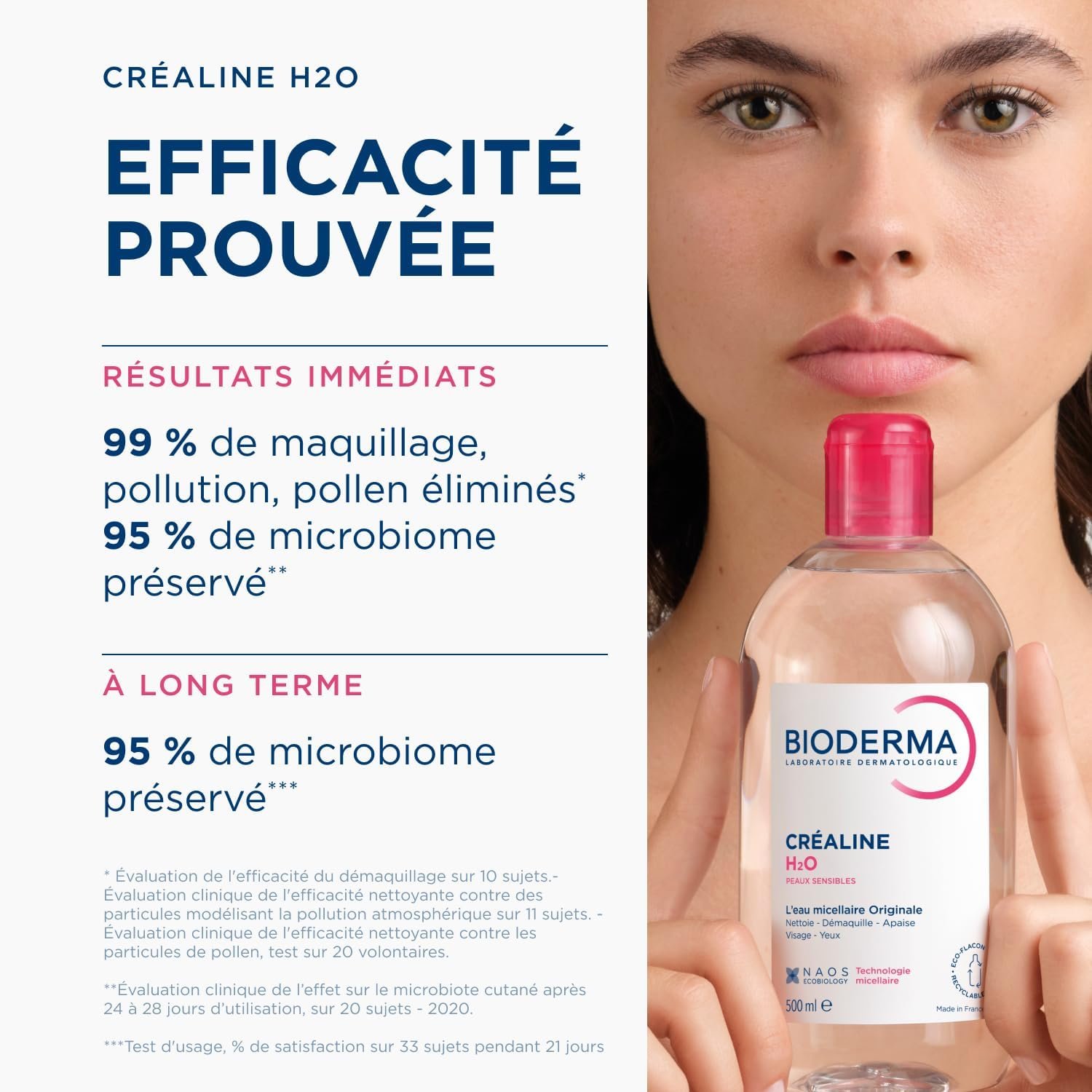 BIODERMA Créaline H2O – L’eau micellaire originale, nettoyante et démaquillante – Élimine le maquillage, le pollen et les résidus de pollution – Peaux sensibles – Flacon 500 ml