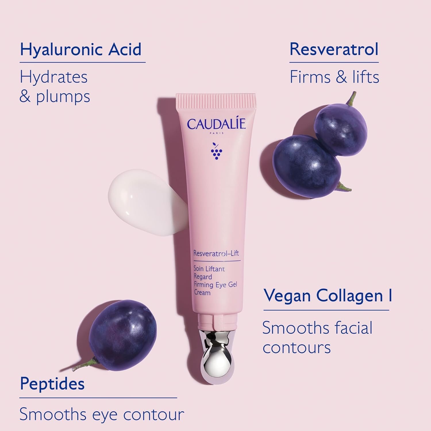 Caudalie Resveratrol-Lift Firming Depuffing Eye Gel Cream with Peptides, Hyaluronic Acid, and Vegan Collagen I – 15 mL