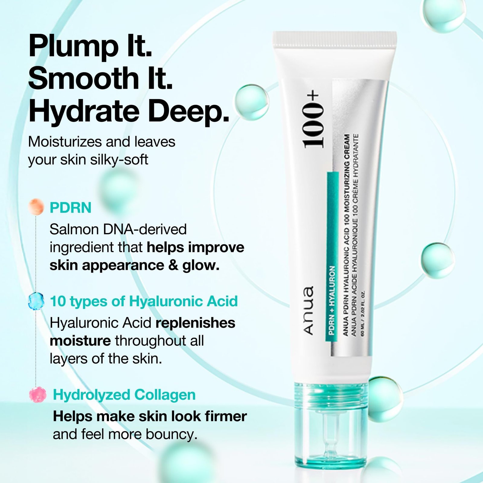 ANUA PDRN HYALURONIC ACID 100 MOISTURE CREAM 60ml كريم الترطيب ANUA PDRN بحمض الهيالورونيك