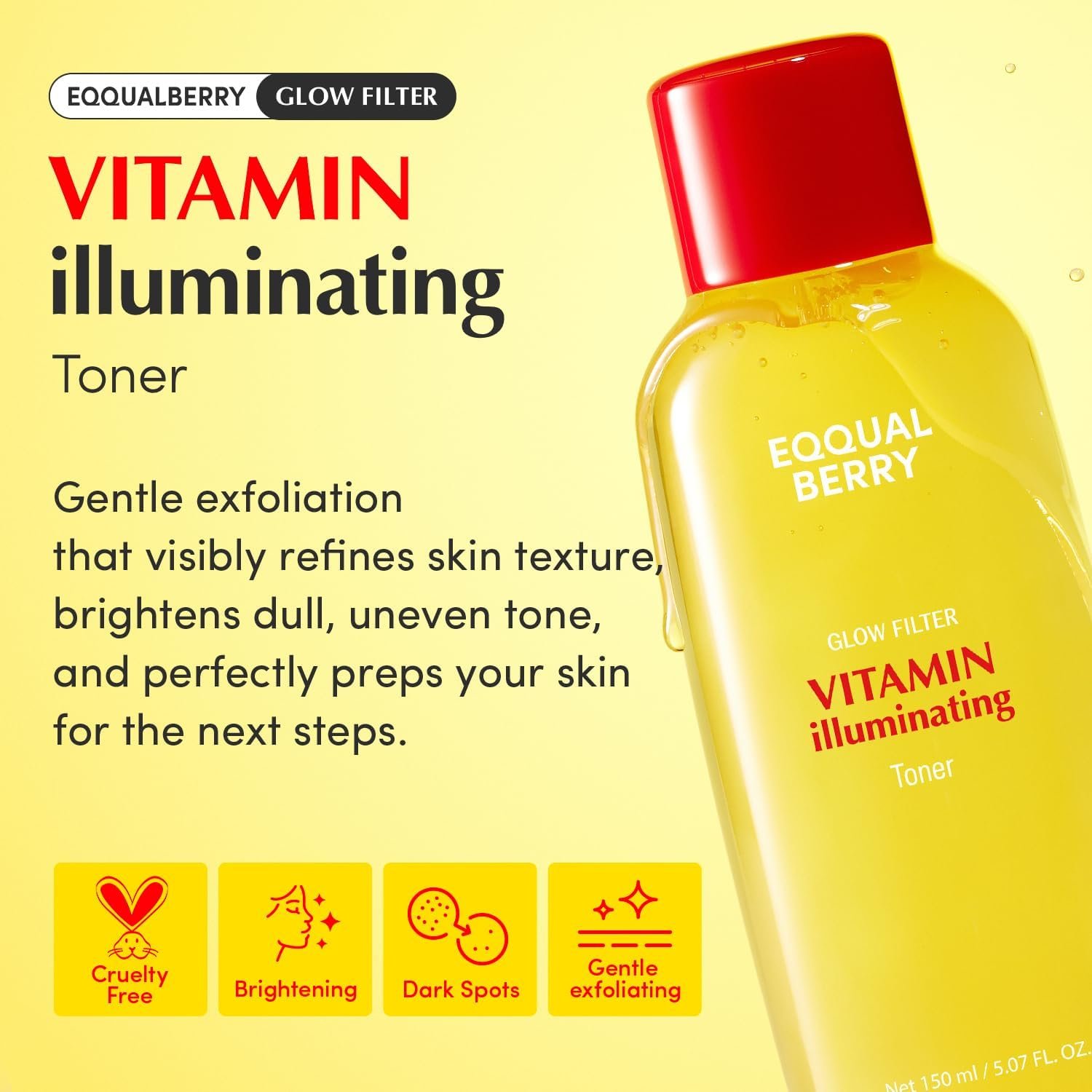 EQQUALBERRY Vitamin Illuminating Toner – Brightening Vitamin C & Niacinamide 3% | Gentle Daily Exfoliating | Skin-Prep Hydration for Glowy Skin