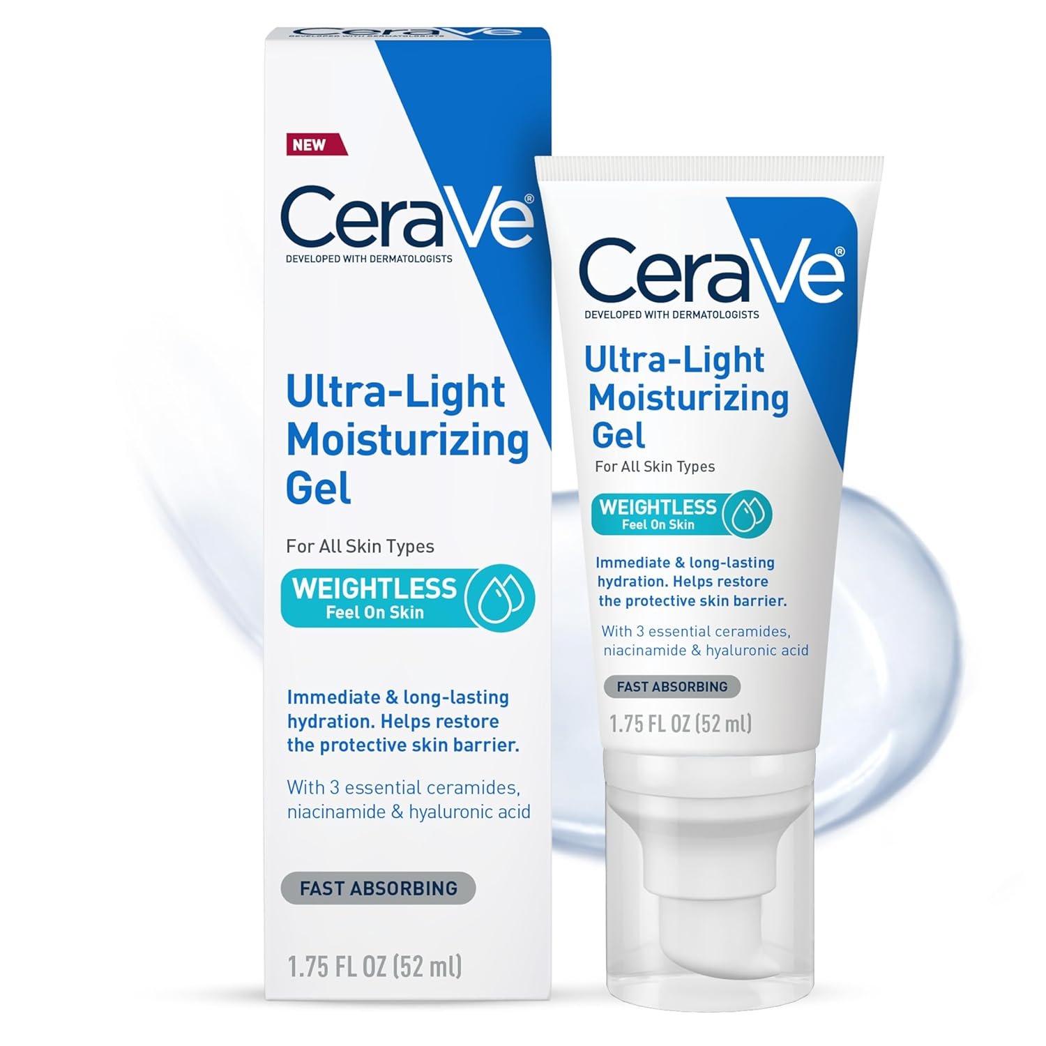 CeraVe Ultra-Light Moisturizing Gel, Hydrating Gel Face Moisturizer  with Ceramides, Niacinamide, Hyaluronic Acid, Fragrance Free, Oil-Free, Mattifying Moisturizer, 1.75 FL Oz