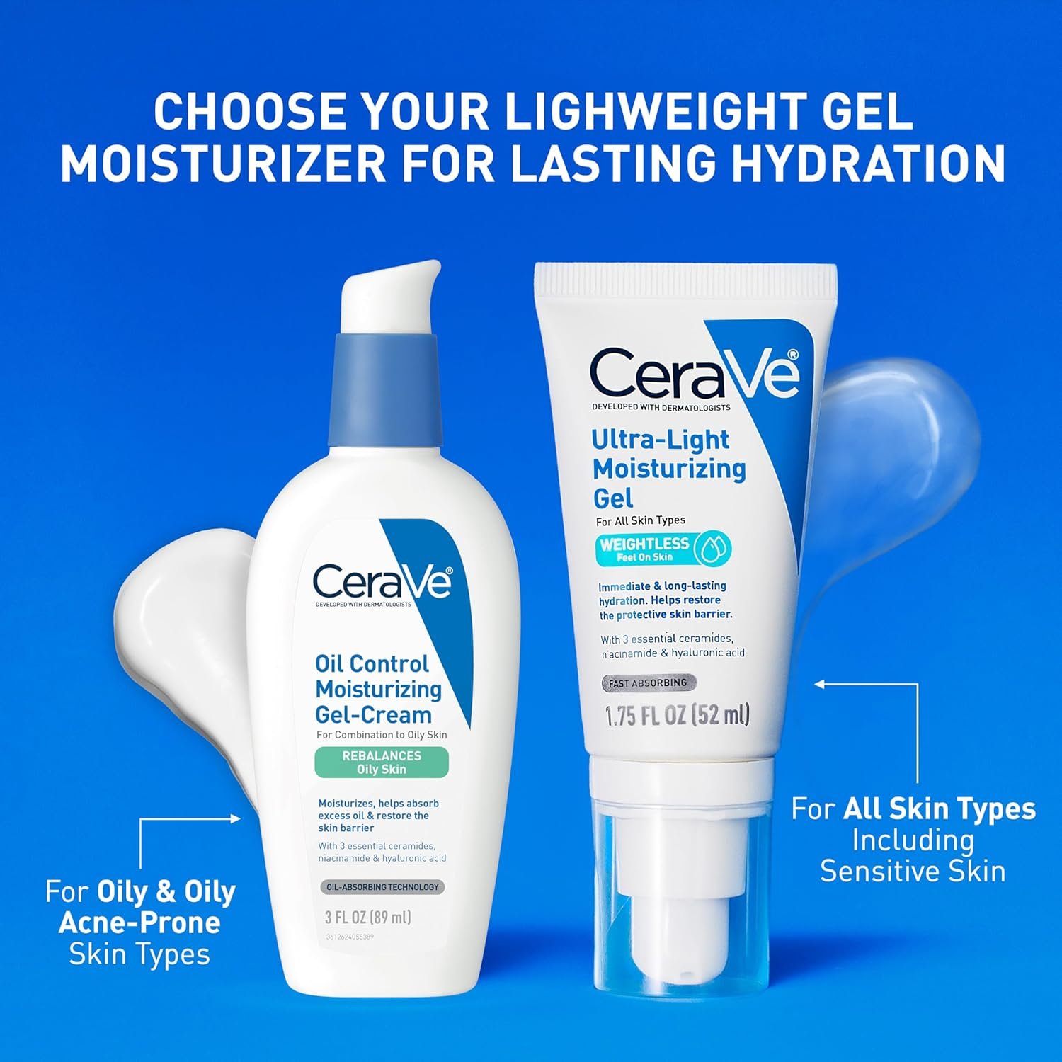 CeraVe Ultra-Light Moisturizing Gel, Hydrating Gel Face Moisturizer  with Ceramides, Niacinamide, Hyaluronic Acid, Fragrance Free, Oil-Free, Mattifying Moisturizer, 1.75 FL Oz