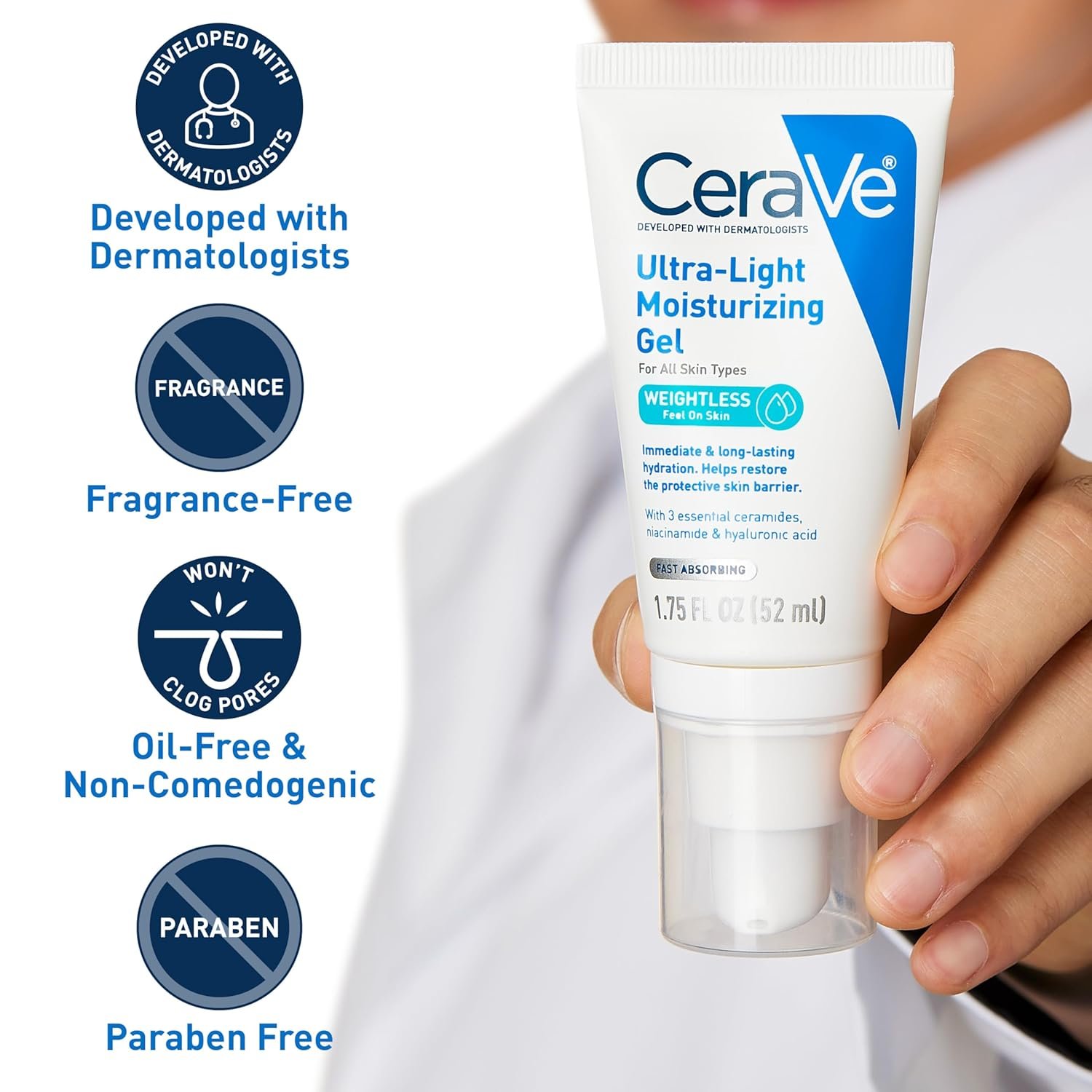 CeraVe Ultra-Light Moisturizing Gel, Hydrating Gel Face Moisturizer  with Ceramides, Niacinamide, Hyaluronic Acid, Fragrance Free, Oil-Free, Mattifying Moisturizer, 1.75 FL Oz