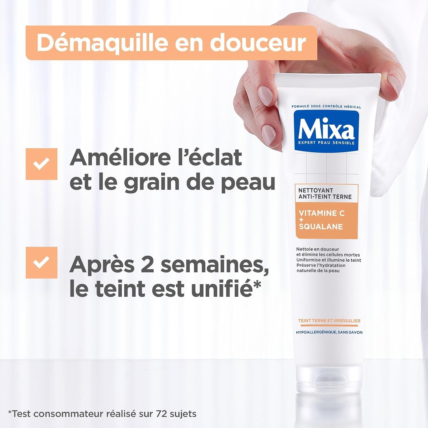 Mixa – Anti-Dull Comfort Cleanser with Vitamin C and Squalane – Skin with Dull and Irregular Complexion – Protective Moisturizing Facial Care – Gentle Make-up Remover – 150 ml | Visibly Brighter Skin, Unified Skin Tone After 2 Weeks, Hypoallergenic Formula, Medical Control
