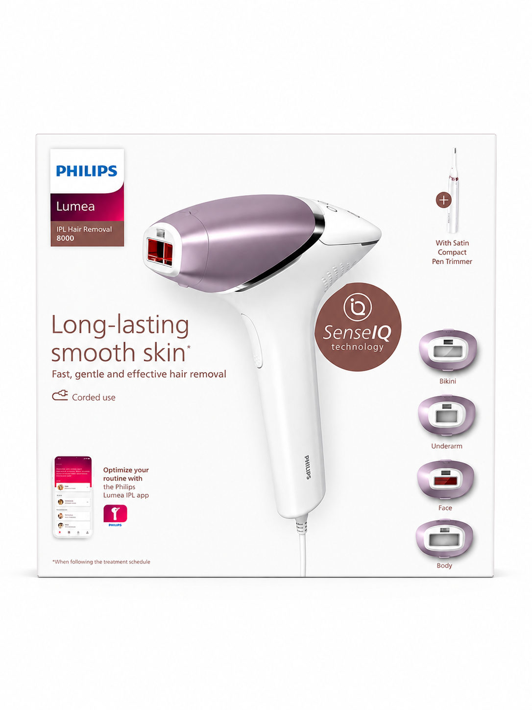 Philips Lumea Épilateur à lumière pulsée Série 8000 – épilateur avec technologie SenseIQ, 4 embouts et tondeuse-stylo Satin Compact, utilisation filaire (modèle BRI949/00)