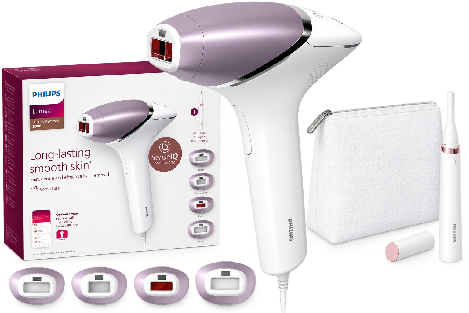 Philips Lumea Épilateur à lumière pulsée Série 8000 – épilateur avec technologie SenseIQ, 4 embouts et tondeuse-stylo Satin Compact, utilisation filaire (modèle BRI949/00)