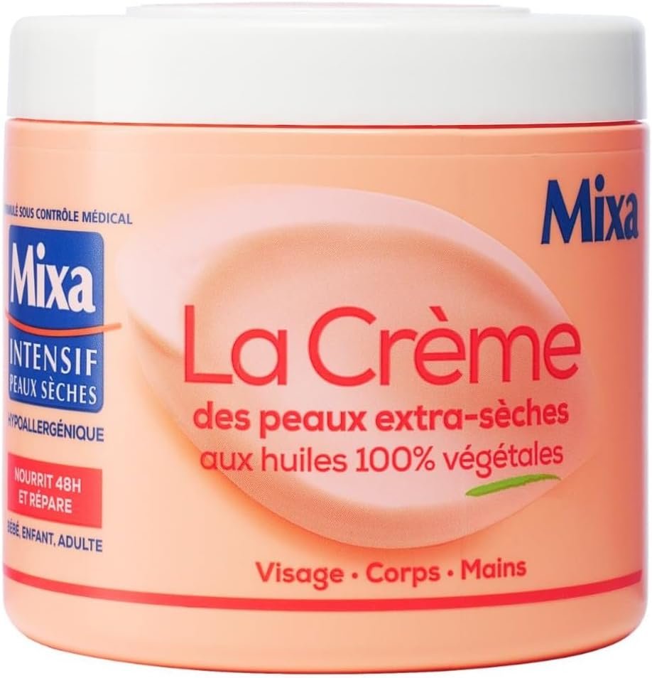 Mixa Intensif Peaux Sèches – La Crème des Peaux Extra-Sèches – Multi Usages Visage, Corps, Mains, Pieds – Nourrit 48h et répare – Pénétration Rapide – Hypoallergénique – Pot 400 ml​