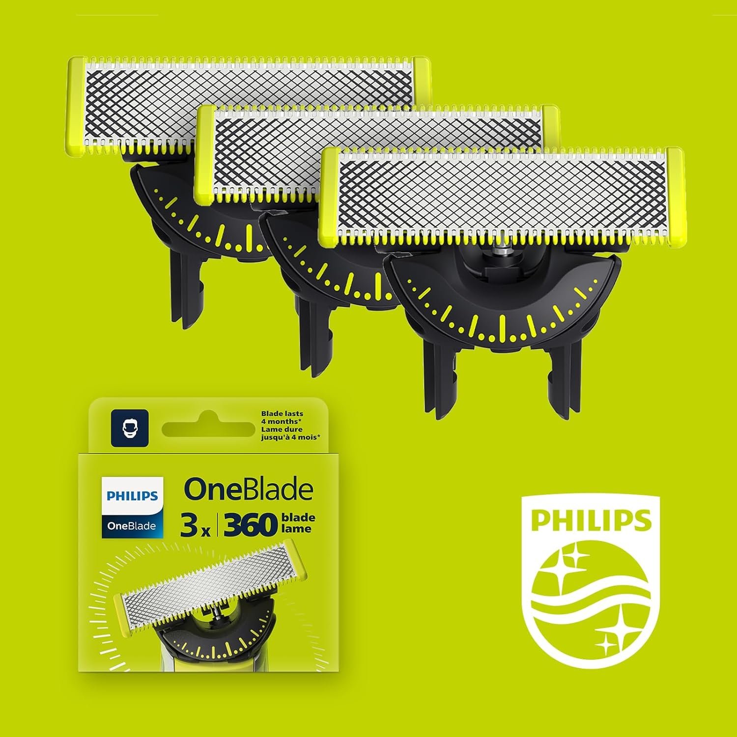 Philips OneBlade 360 – Authentiques lames de rechange, pour rasoir/tondeuse électrique OneBlade, 3x 360 lames, modèle QP430/60