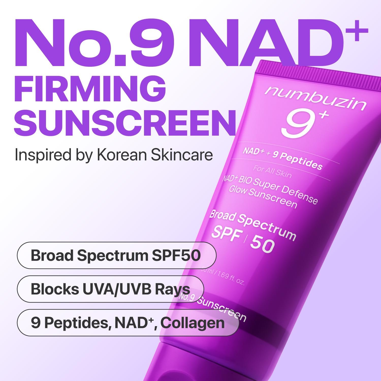 numbuzin No.9 Sunscreen | Super Defense Glow Sunscreen | Broad Spectrum SPF 50 | For All Skin Types & Skin Tones | Glowing, Dewy Finish, Water-Resistant | No White Cast, Korean Skincare | 1.69 fl. oz.