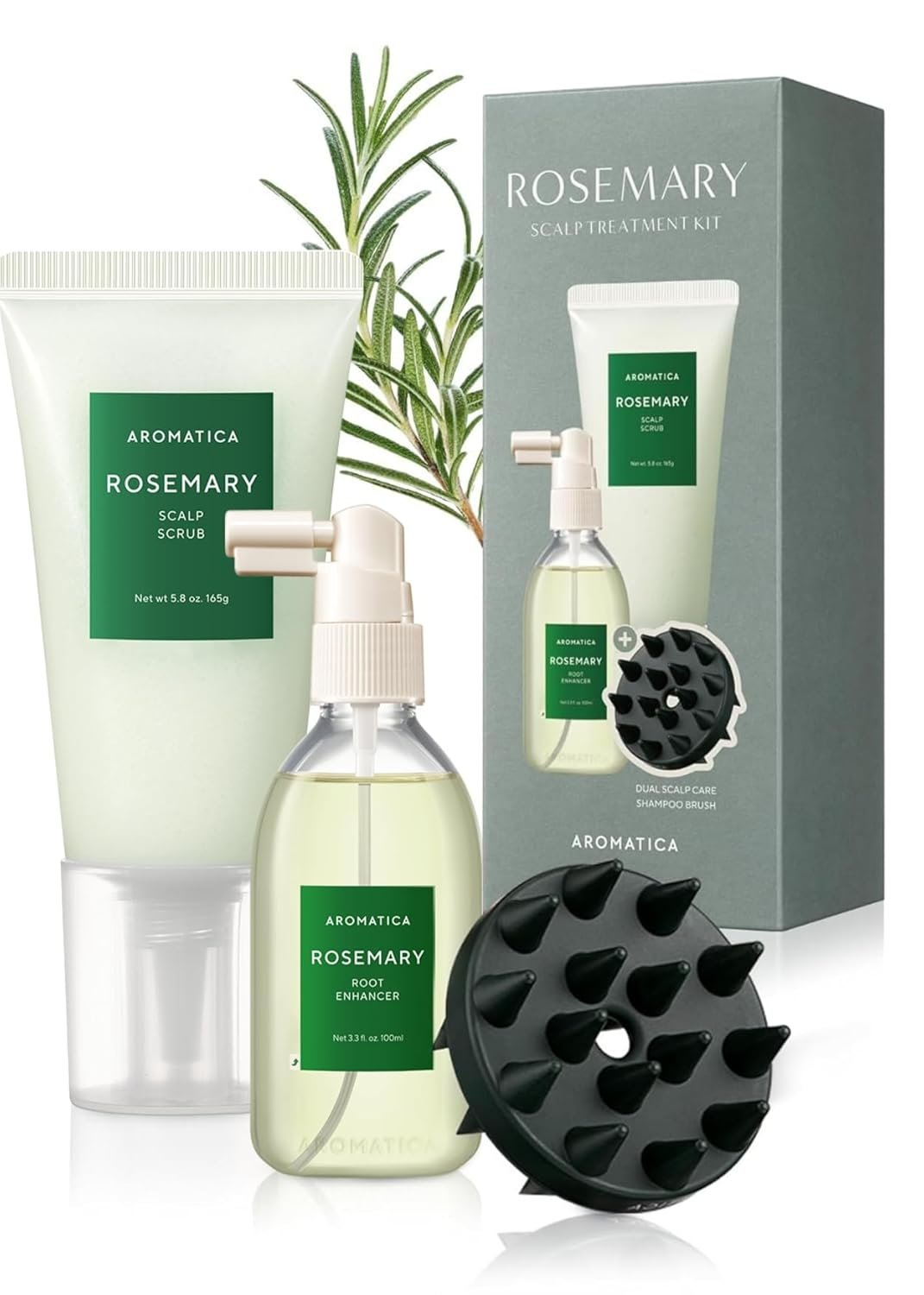 AROMATICA Rosemary Scalp Care Gift Set – Hydrating Scalp Treatment with Rosemary Enhancer and Scrub, Scalp massager with Dual Brush – Free from Sulfate, Silicone, and Paraben.